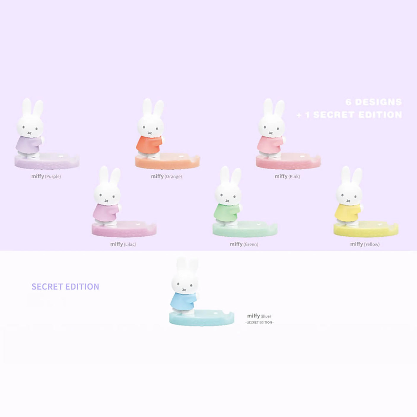 Rabbit phone stand blind box showing six mini figures on colored round bases
