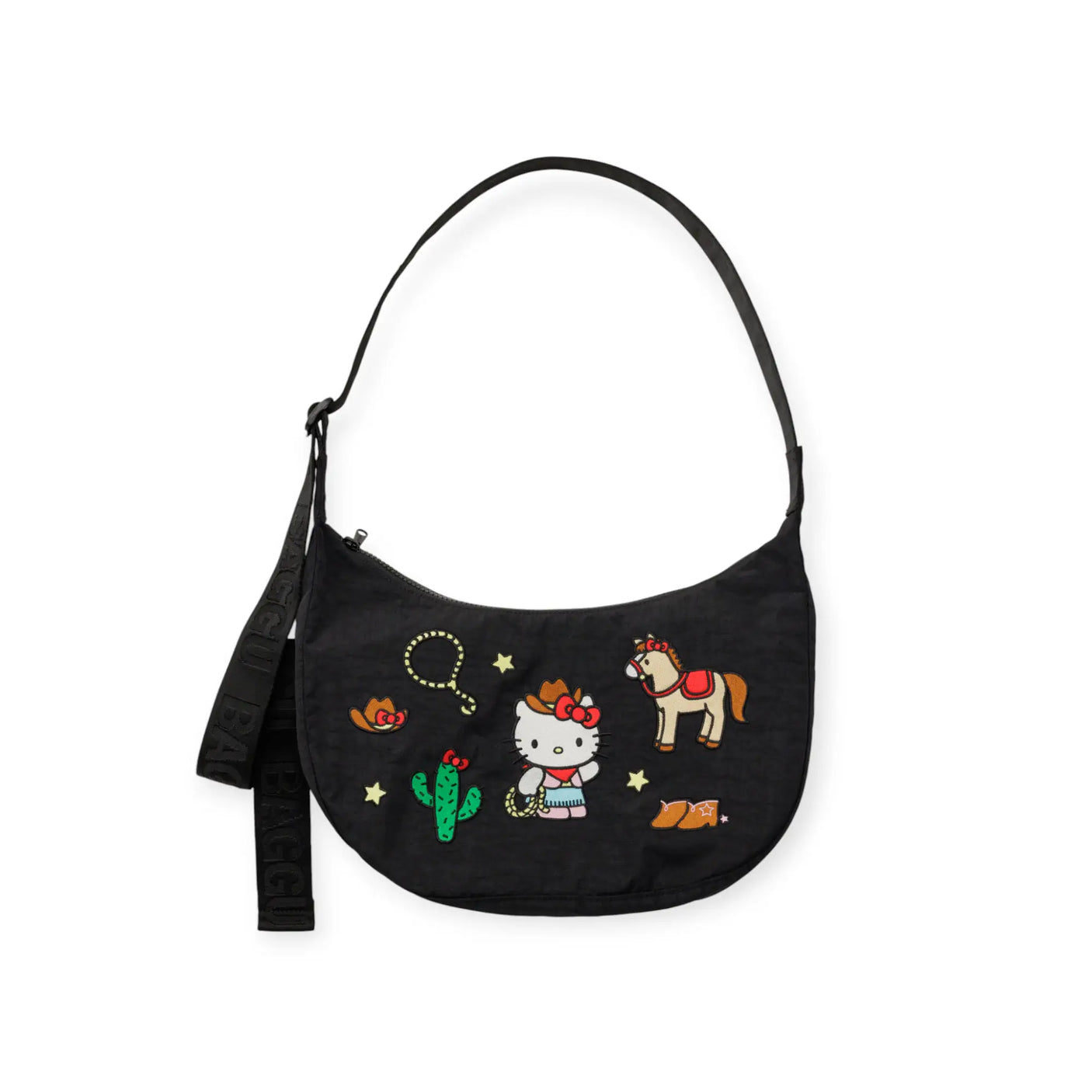 Black crescent shoulder bag with cowboy and cactus Hello Kitty character print