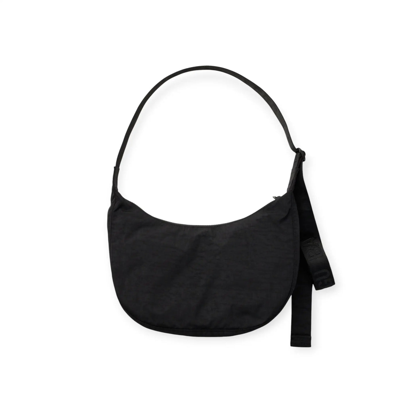 Black crescent shoulder bag with top handle strap and attached webbing strap