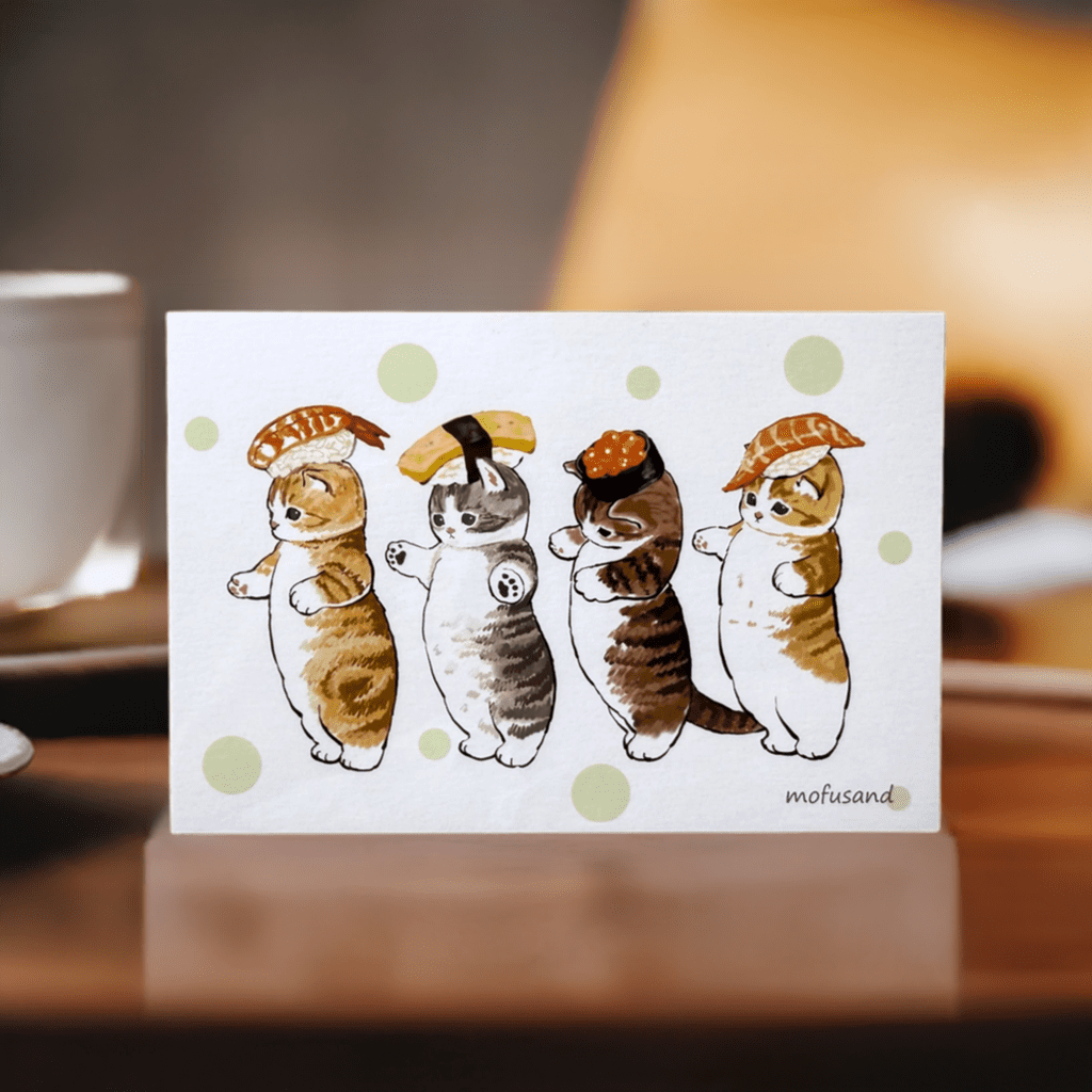 Cartoon sushi cats postcard with polka dots and mofusand logo