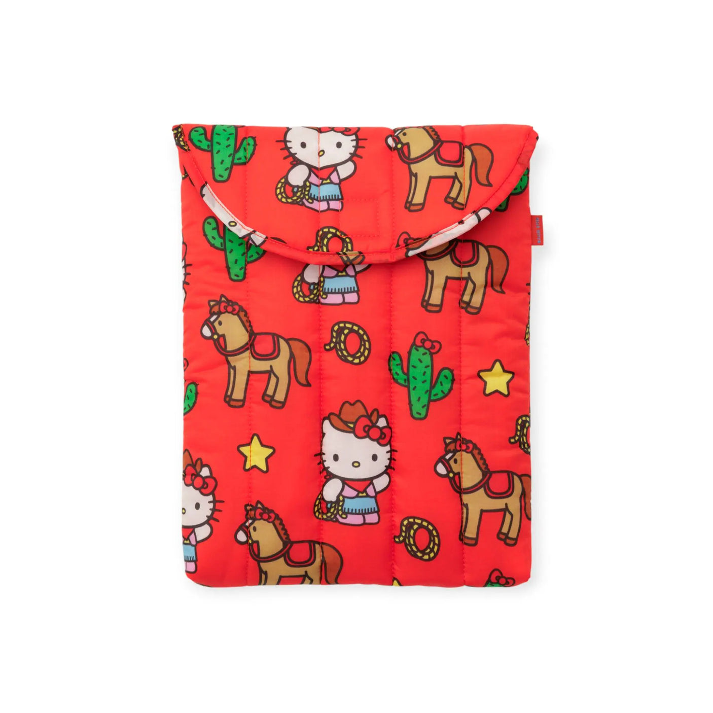 Red puffy laptop sleeve with western animals and Hello Kitty faces, front flap