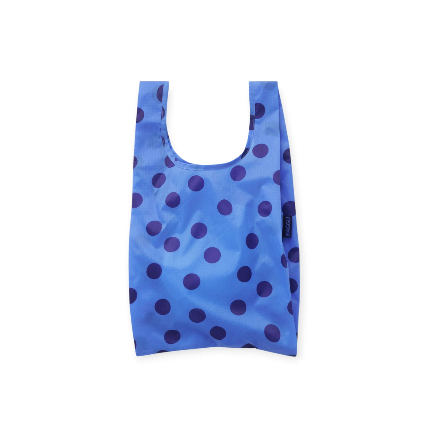 Blue polka dot baby tote bag with loop handles and U-shaped opening