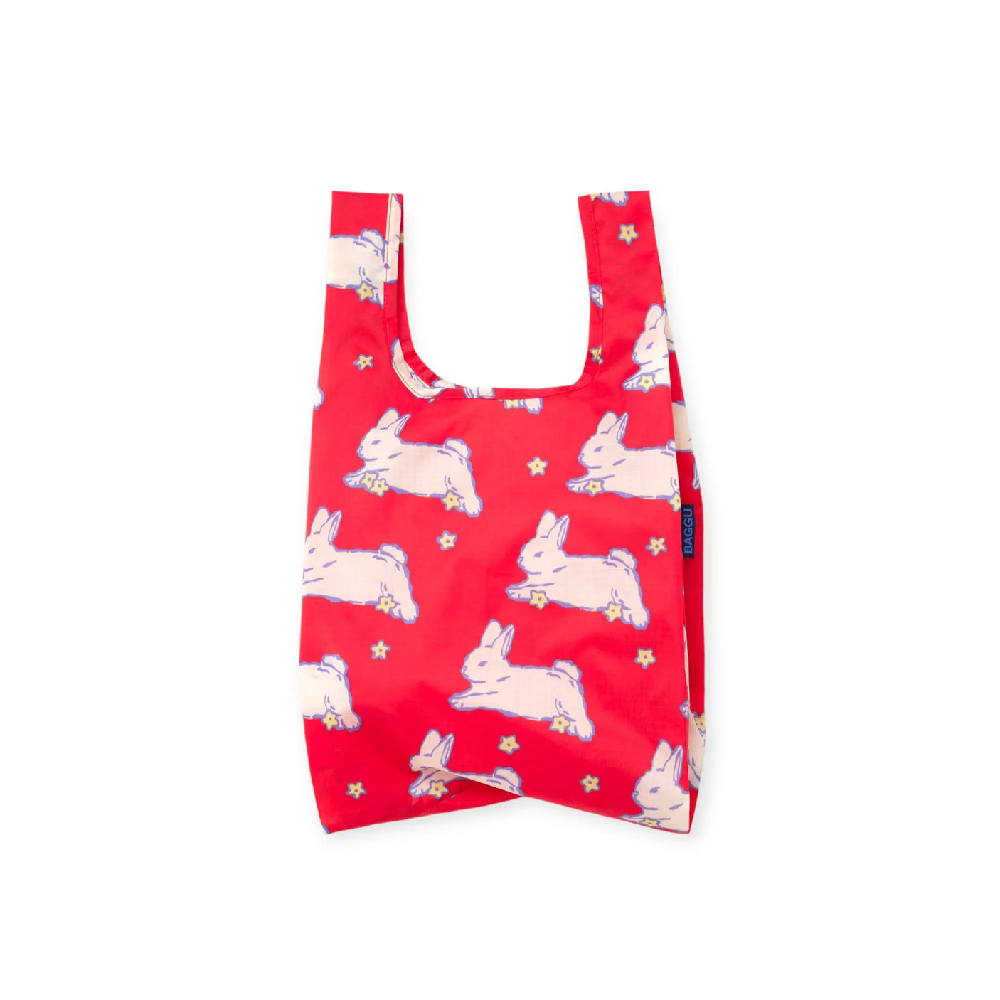 Red bunny print baby Baggu bag, folded tote with open top and short handles