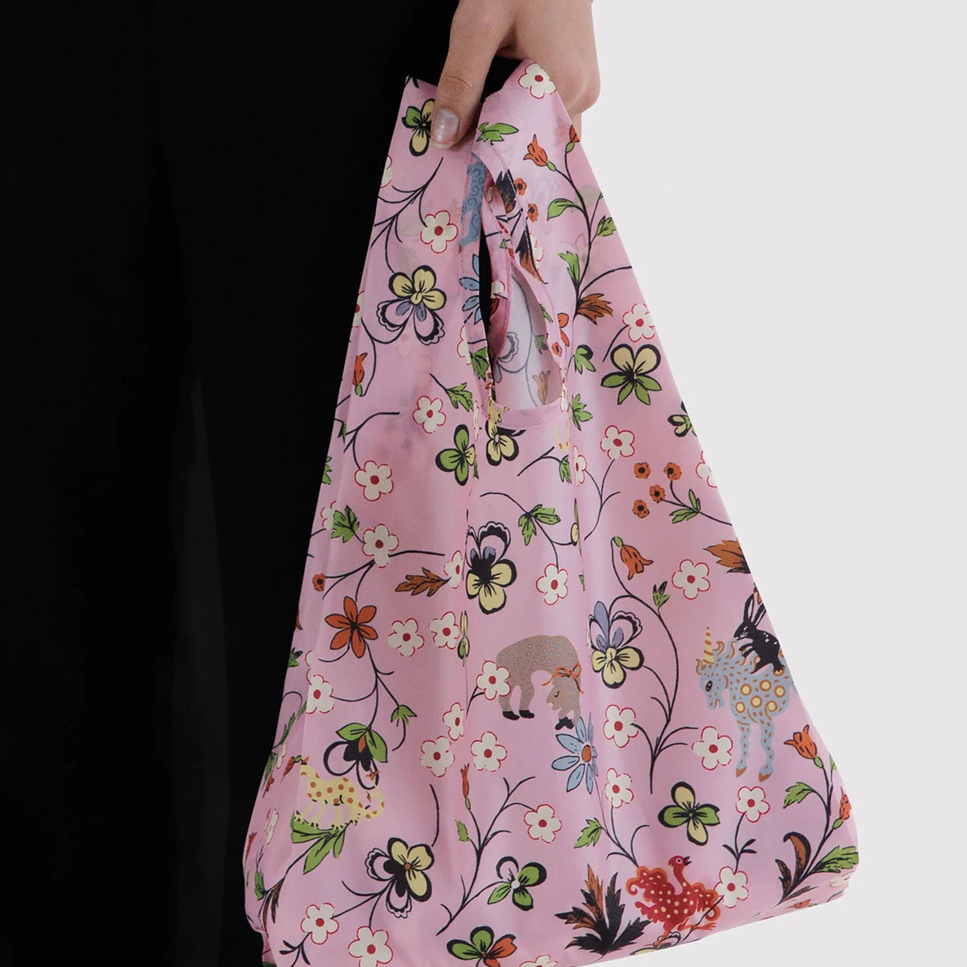 Baby Baggu tote bag in pink floral print, wide opening with a loop handle