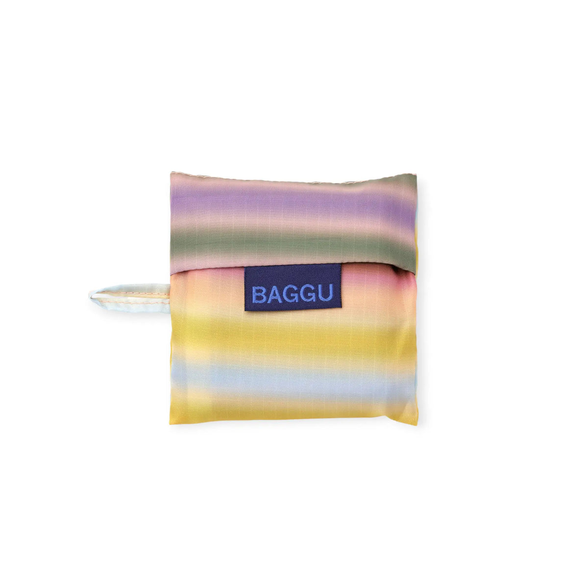 Folded Baggu baby bag pouch, gradient stripe fabric with BAGGU label