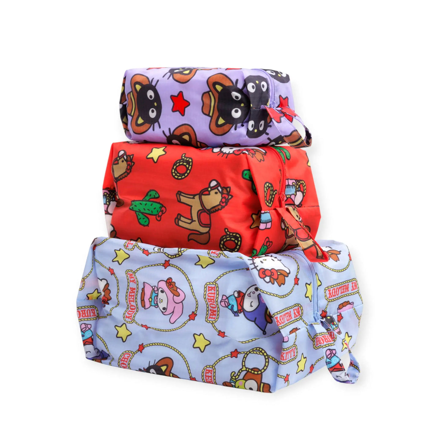 Travel storage set of folded zip pouches with purple, red, and light blue prints