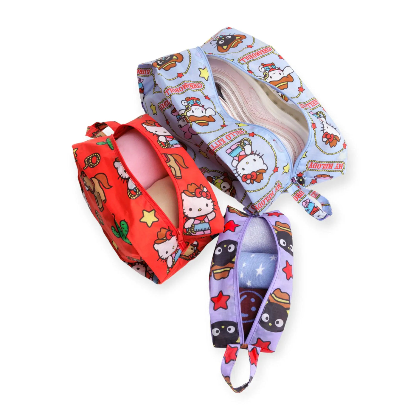 Travel storage set with patterned zip pouches and carrying straps, open for view