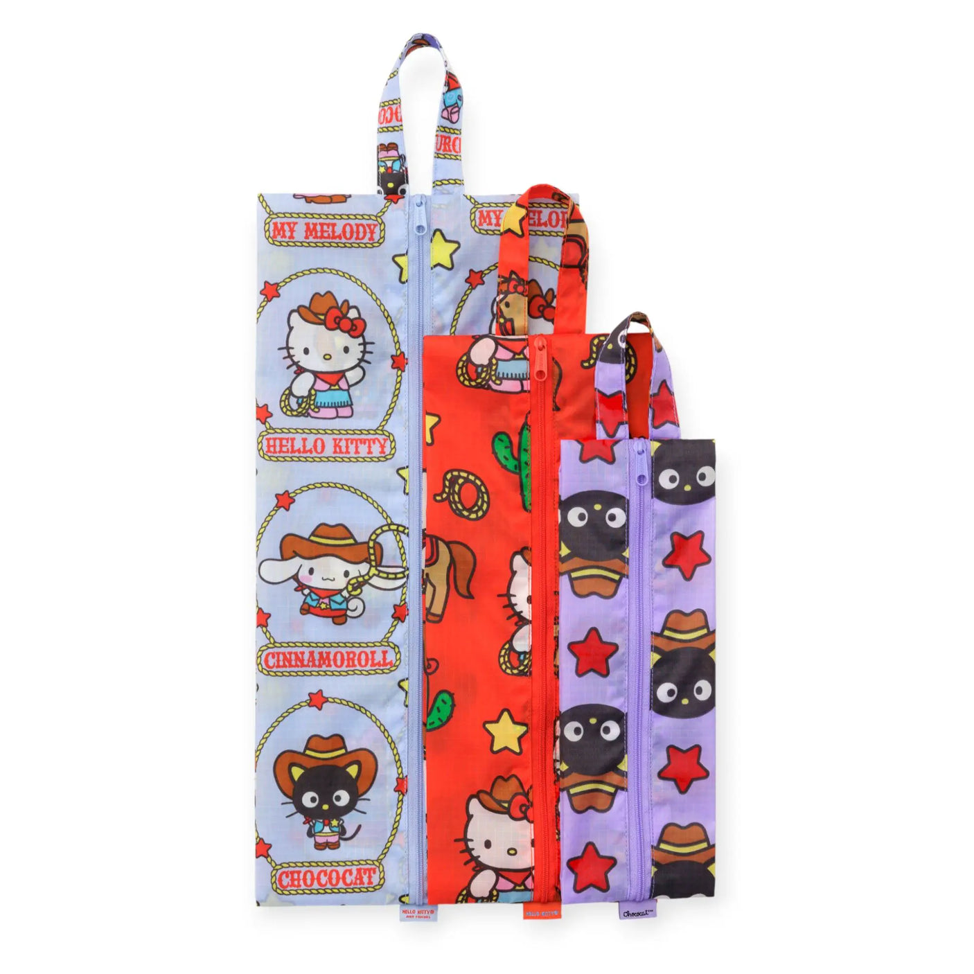 Hello Kitty x Baggu travel storage set of colorful zip pouches, vertical layout