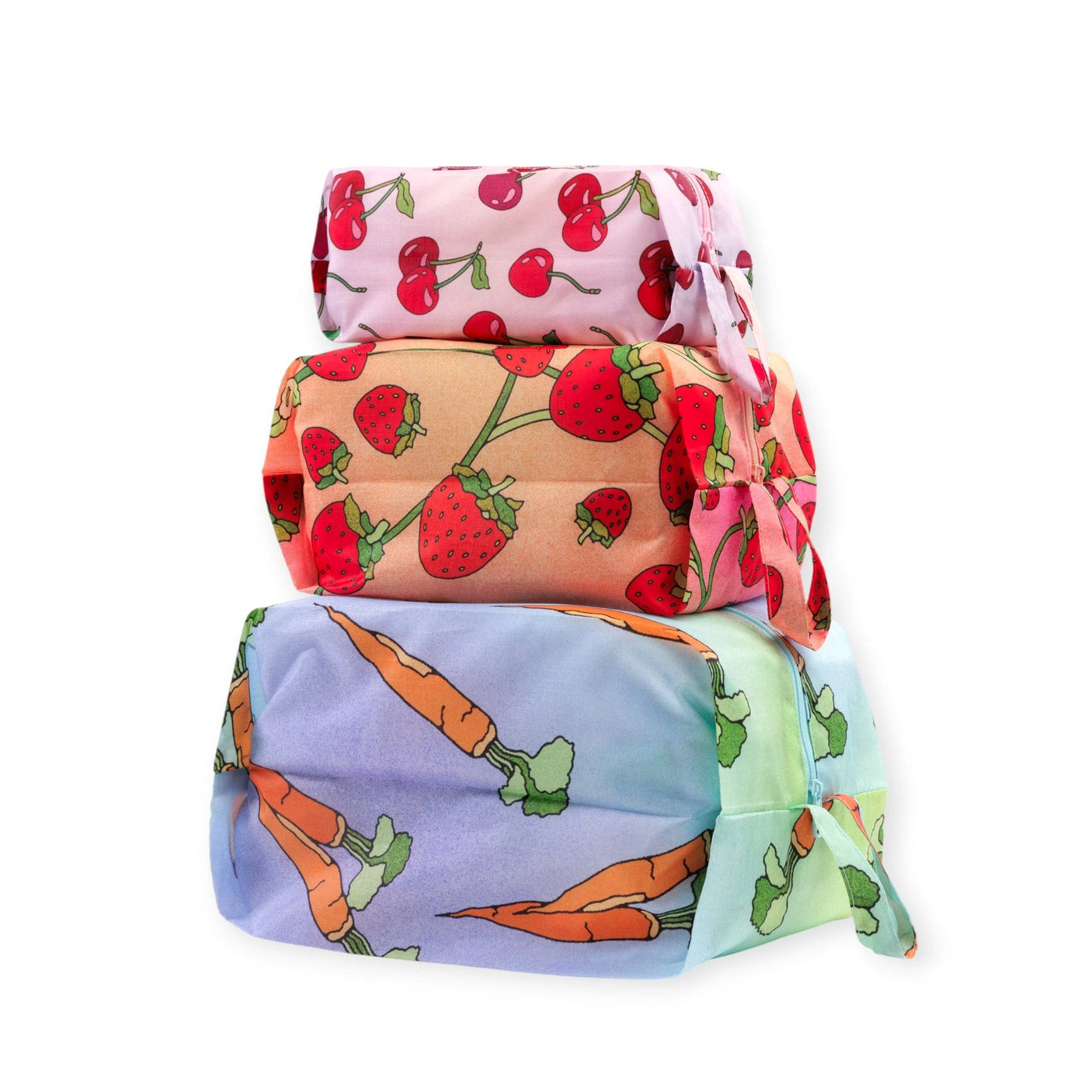 3D storage pouch set with cherry, strawberry, and carrot prints; drawstring ties