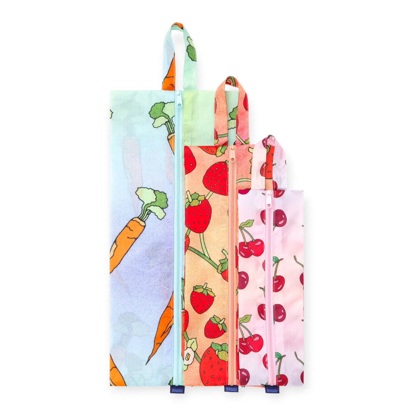 3D storage pouch set with carrot, strawberry, and cherry prints; upright drawstring