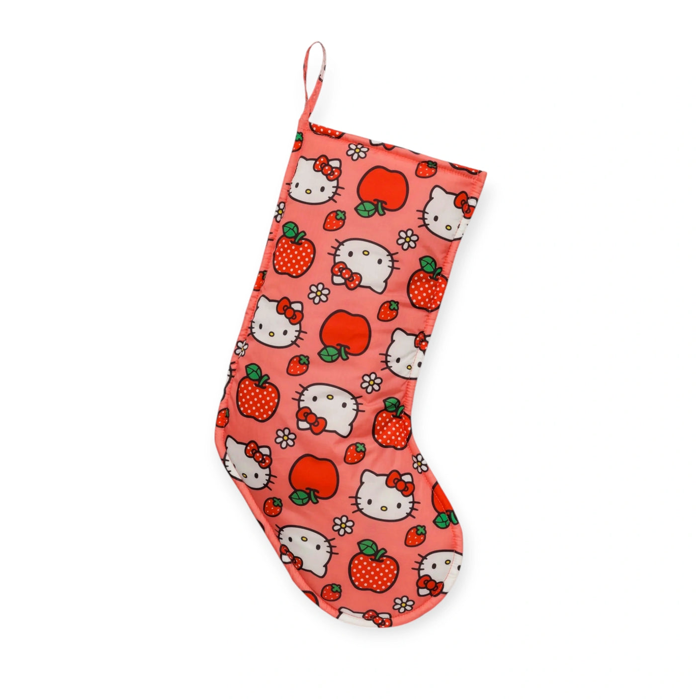The Hello Kitty x Baggu Christmas Stocking by Baggu is a charming piece featuring cartoon cat faces, apples, and strawberries set against a pink background, crafted from durable recycled ripstop nylon.