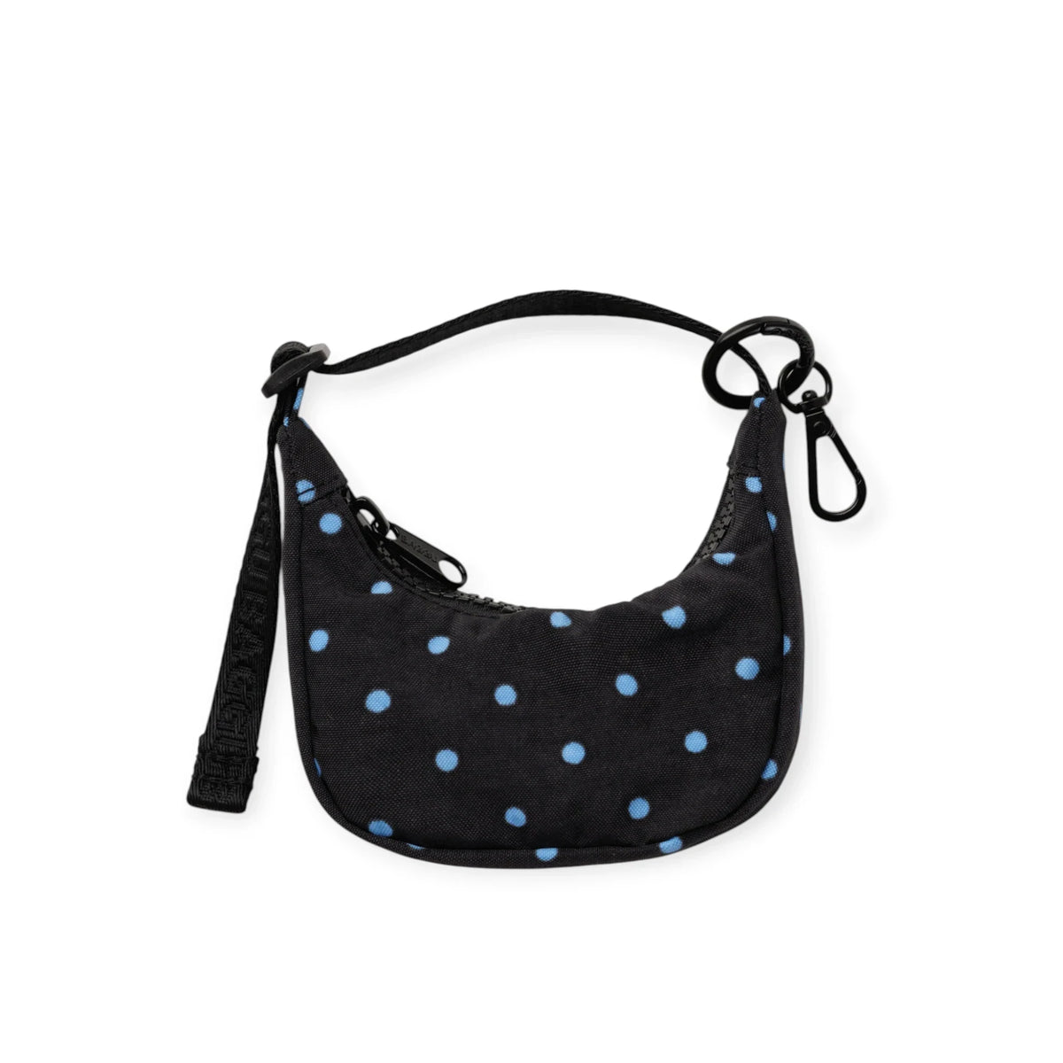 Crescent bag charm pouch with blue micro dots on black, with hanging loop