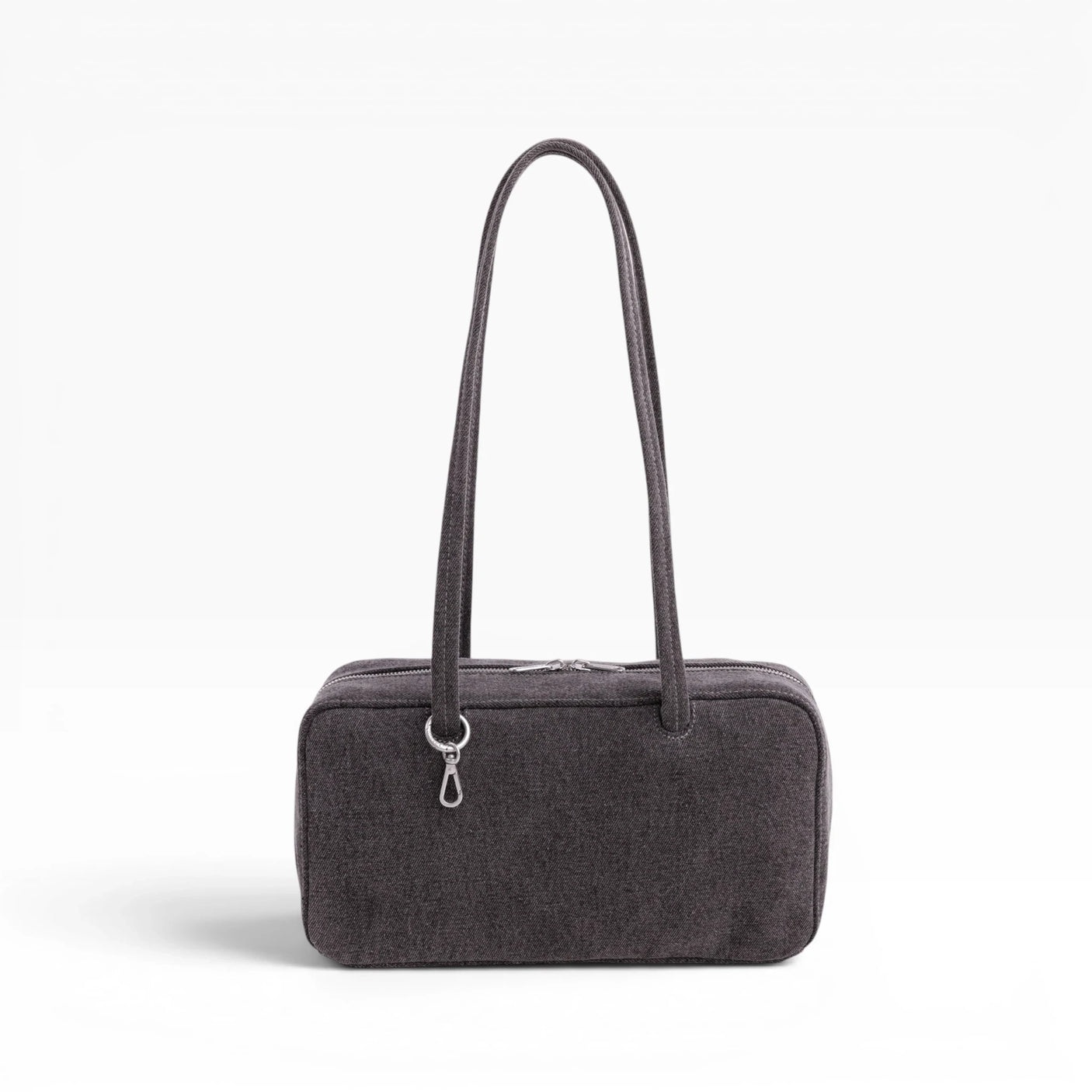 Baggu washed black denim bowler bag with top handles and zip closure.