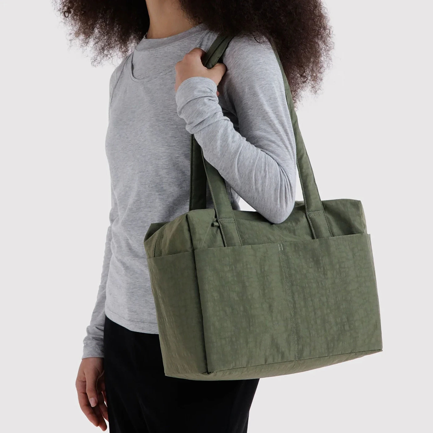 Baggu tote bag in olive green with long handles and open top