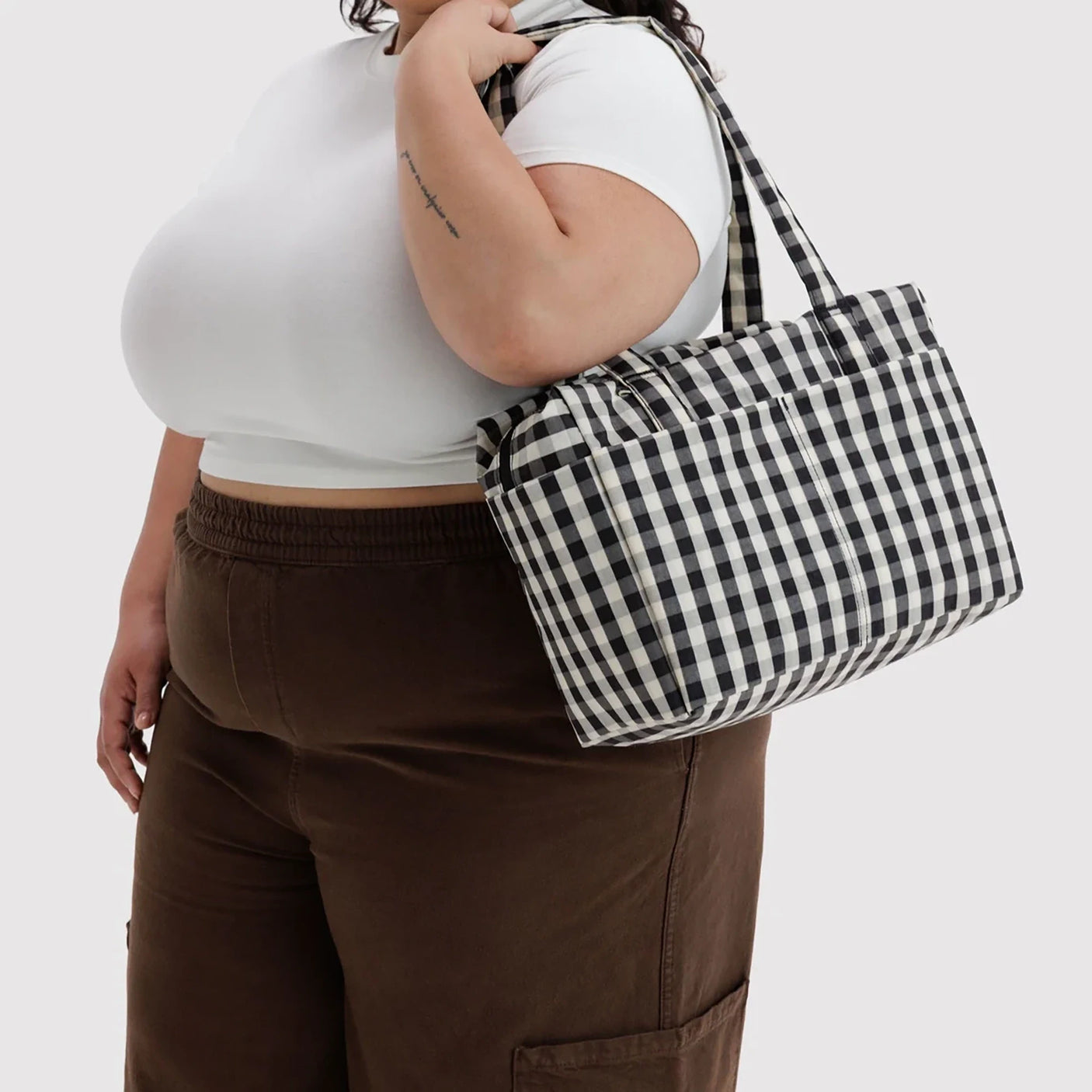 Black and cream gingham tote bag with carry handles