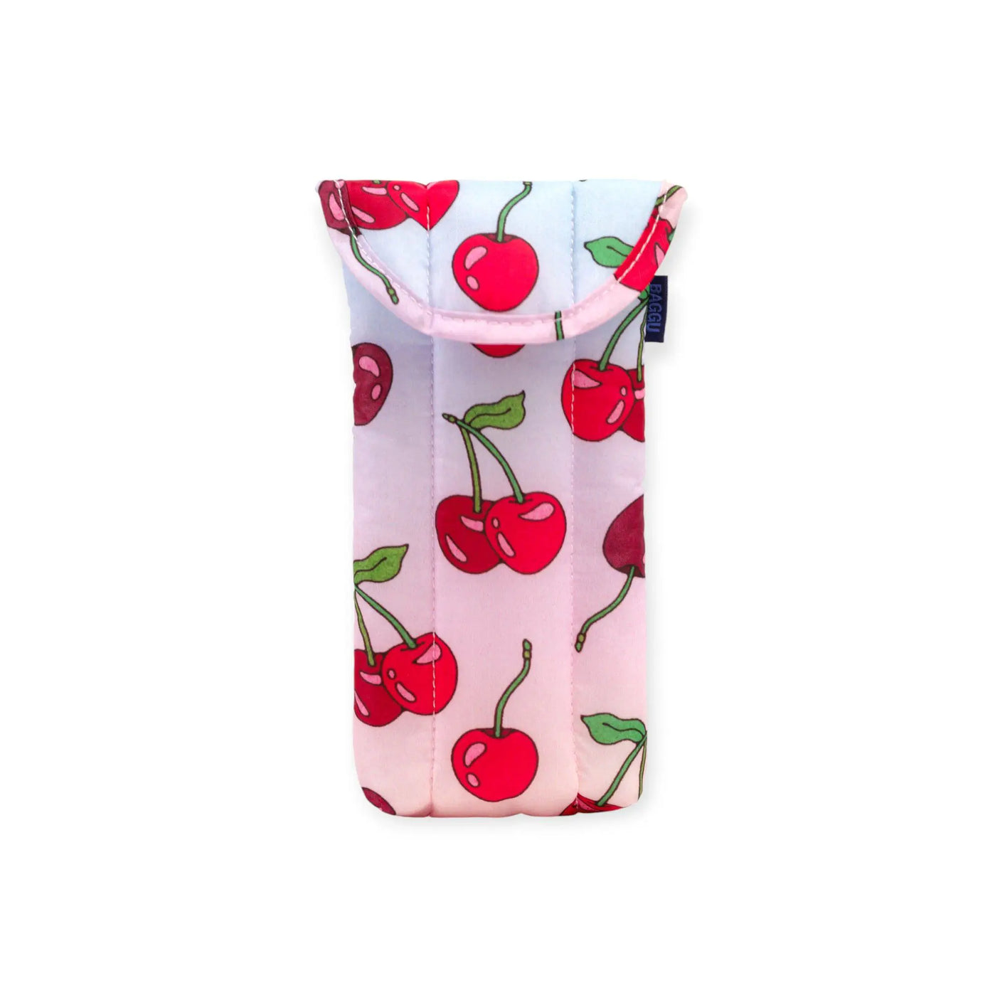 Baggu puffy glasses case with cherry print and pink trim, soft padded pouch