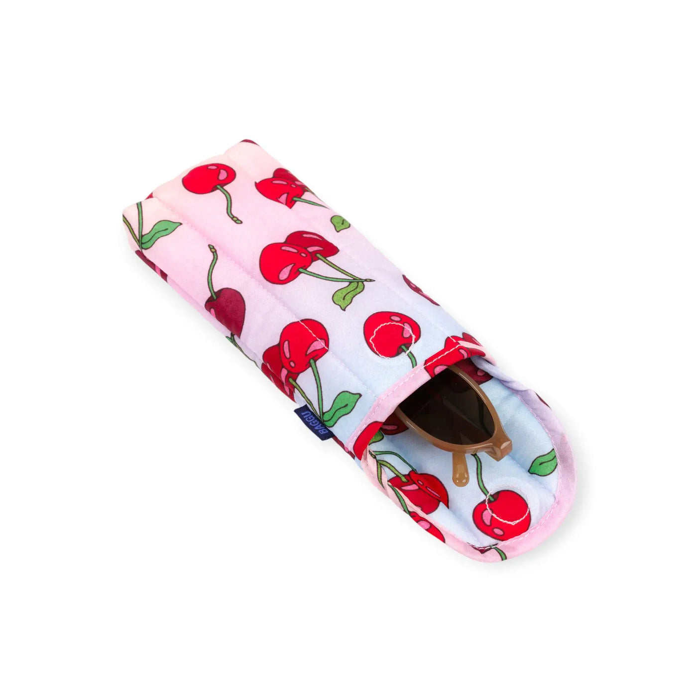 Baggu puffy glasses case with cherry print, angled view showing glasses inside