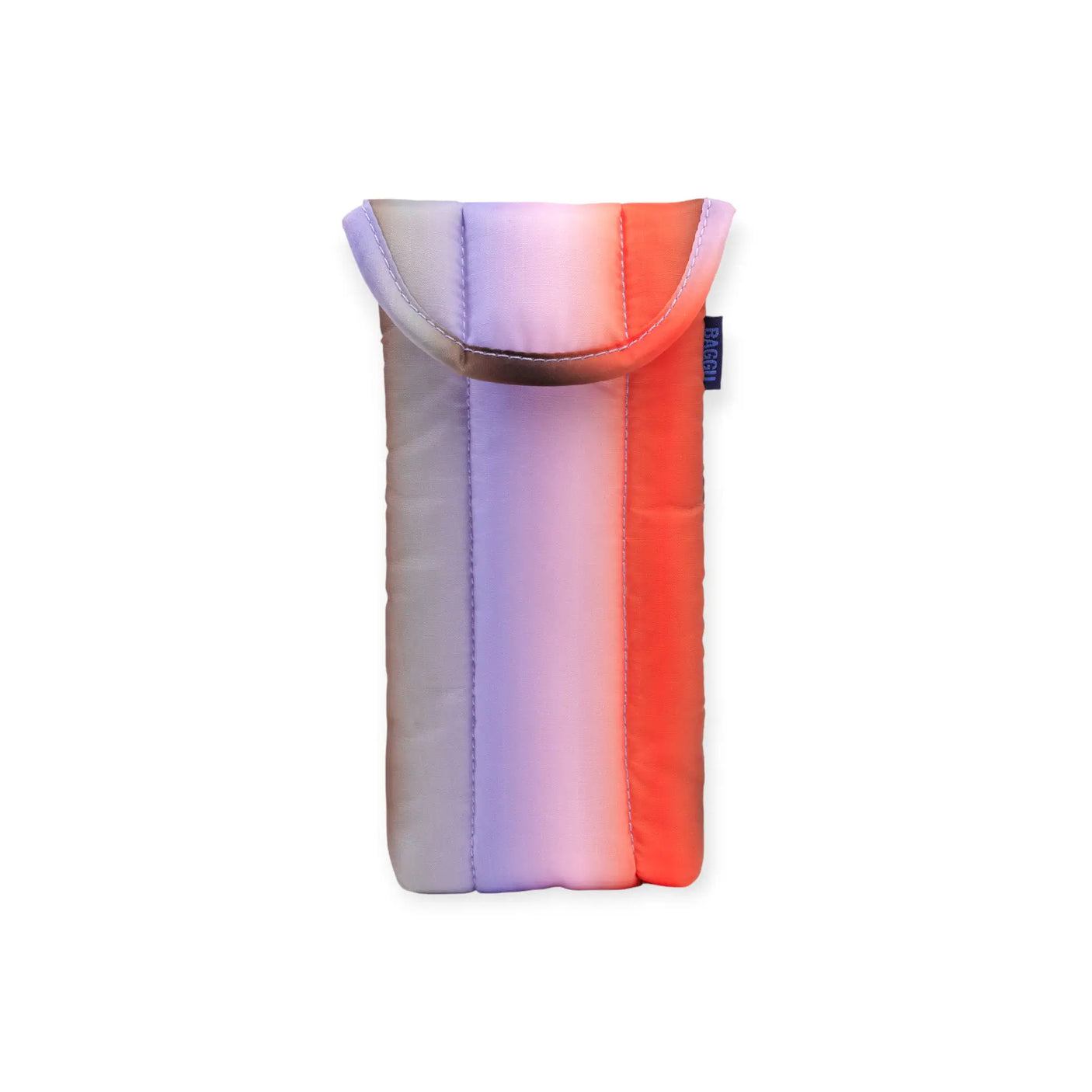 Puffy glasses case with curved flap, lilac-to-orange gradient, stitched trim.