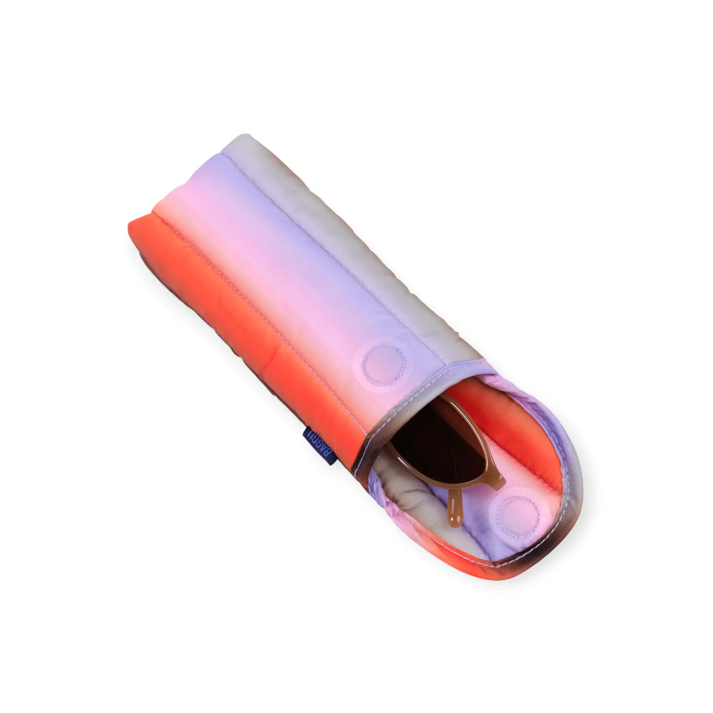 Puffy glasses case angled open, lilac and poppy orange gradient with interior lining.