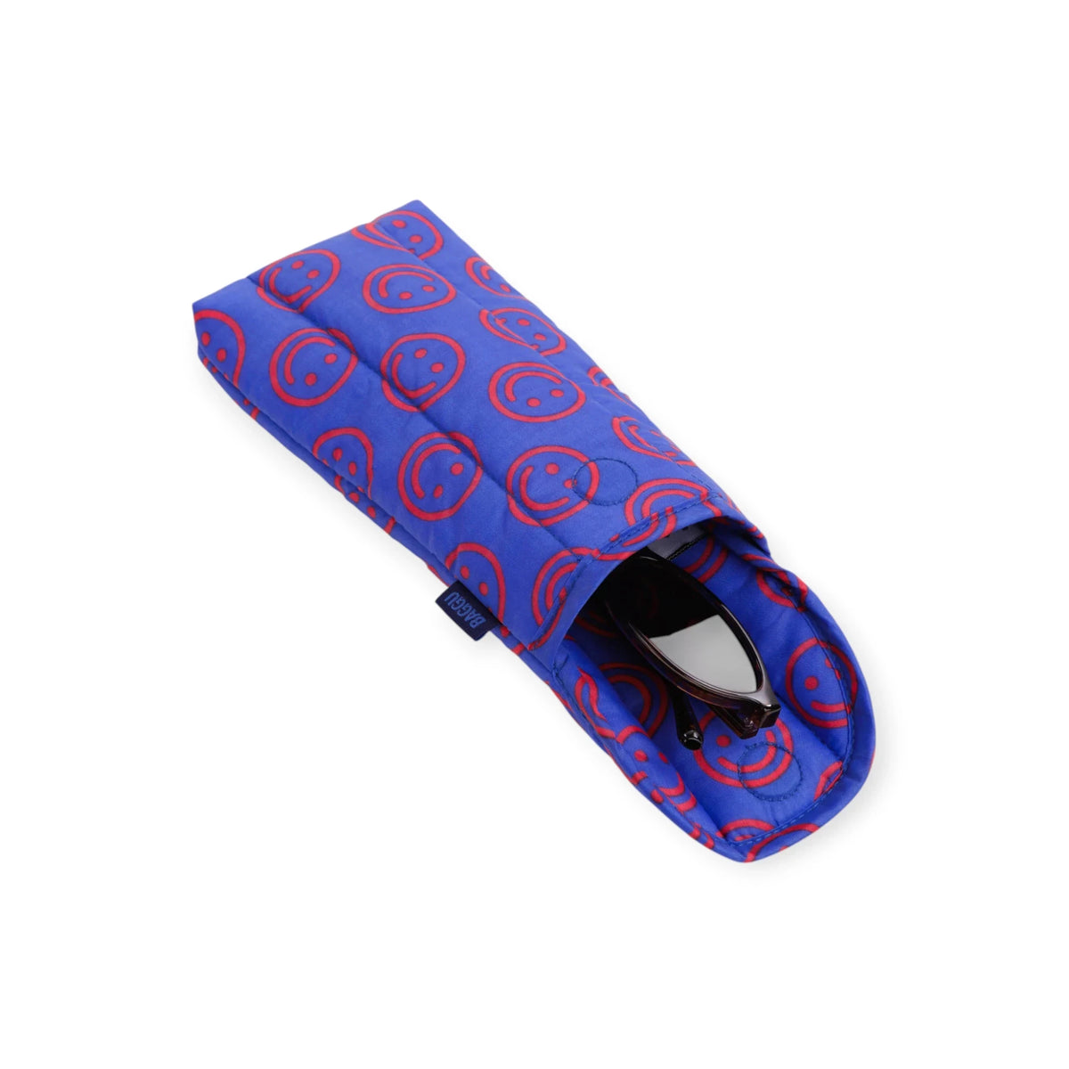 Mini puffy glasses case, cobalt blue smiley face print with glasses inside