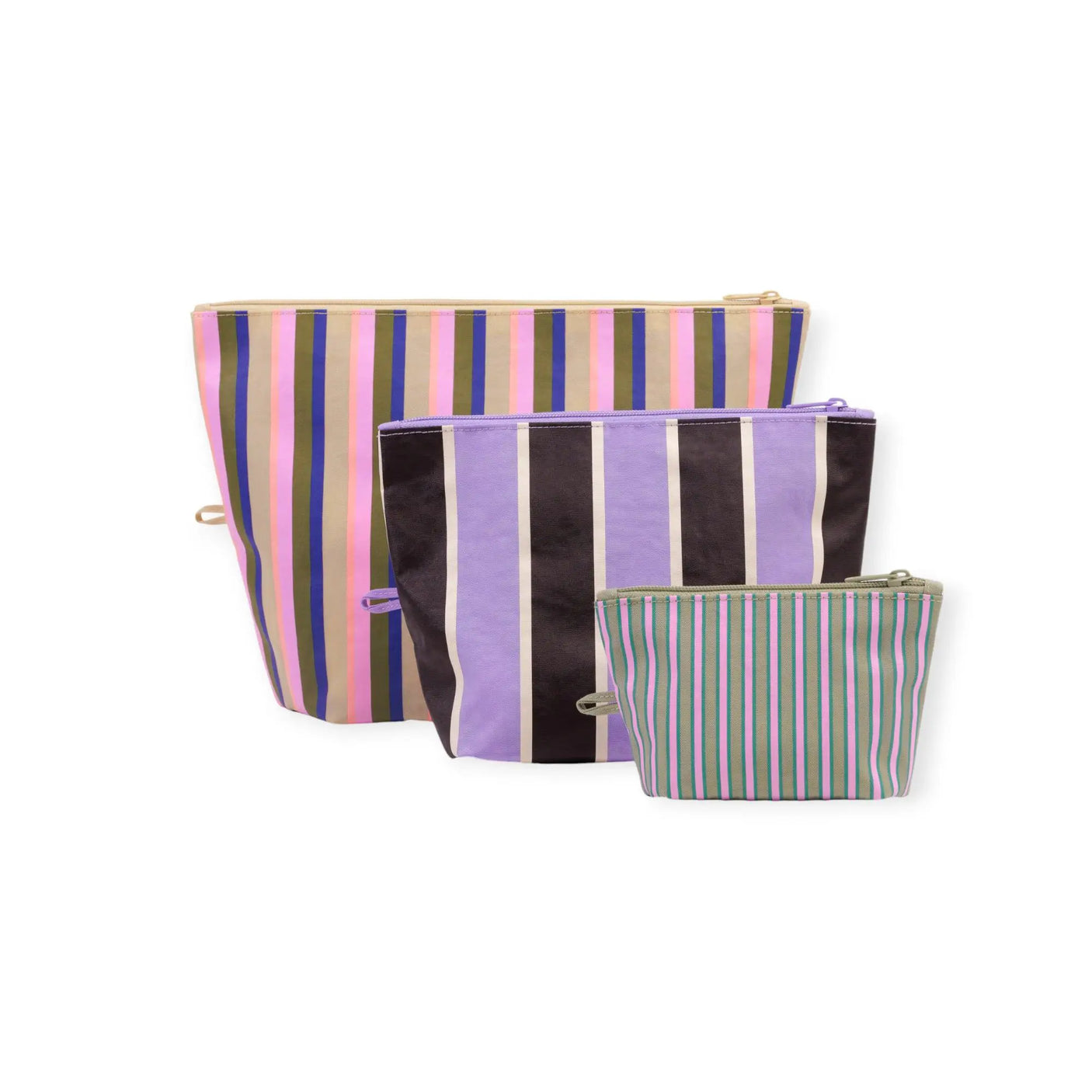 Three striped zip pouches set with multicolor and purple-and-black striped designs.