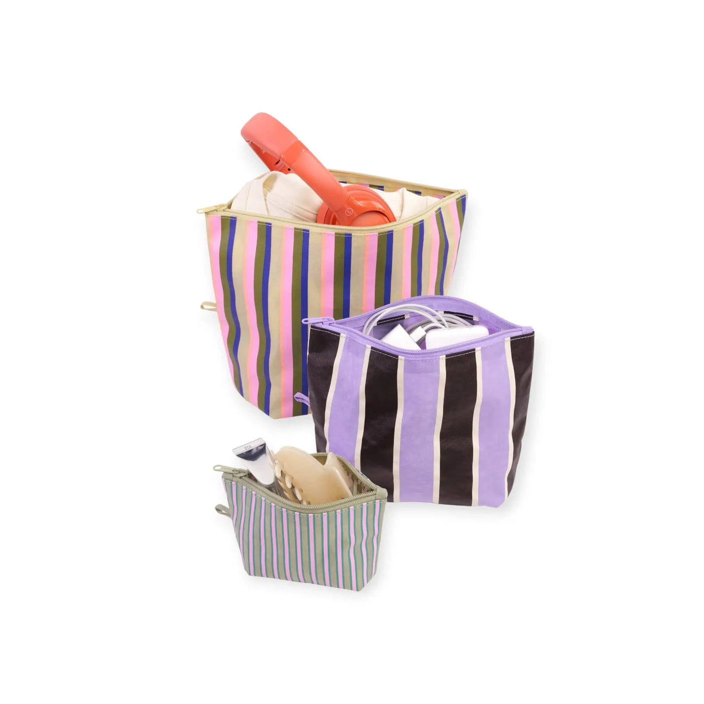 Three striped zip pouches set with different stripe colors, shown with items inside.