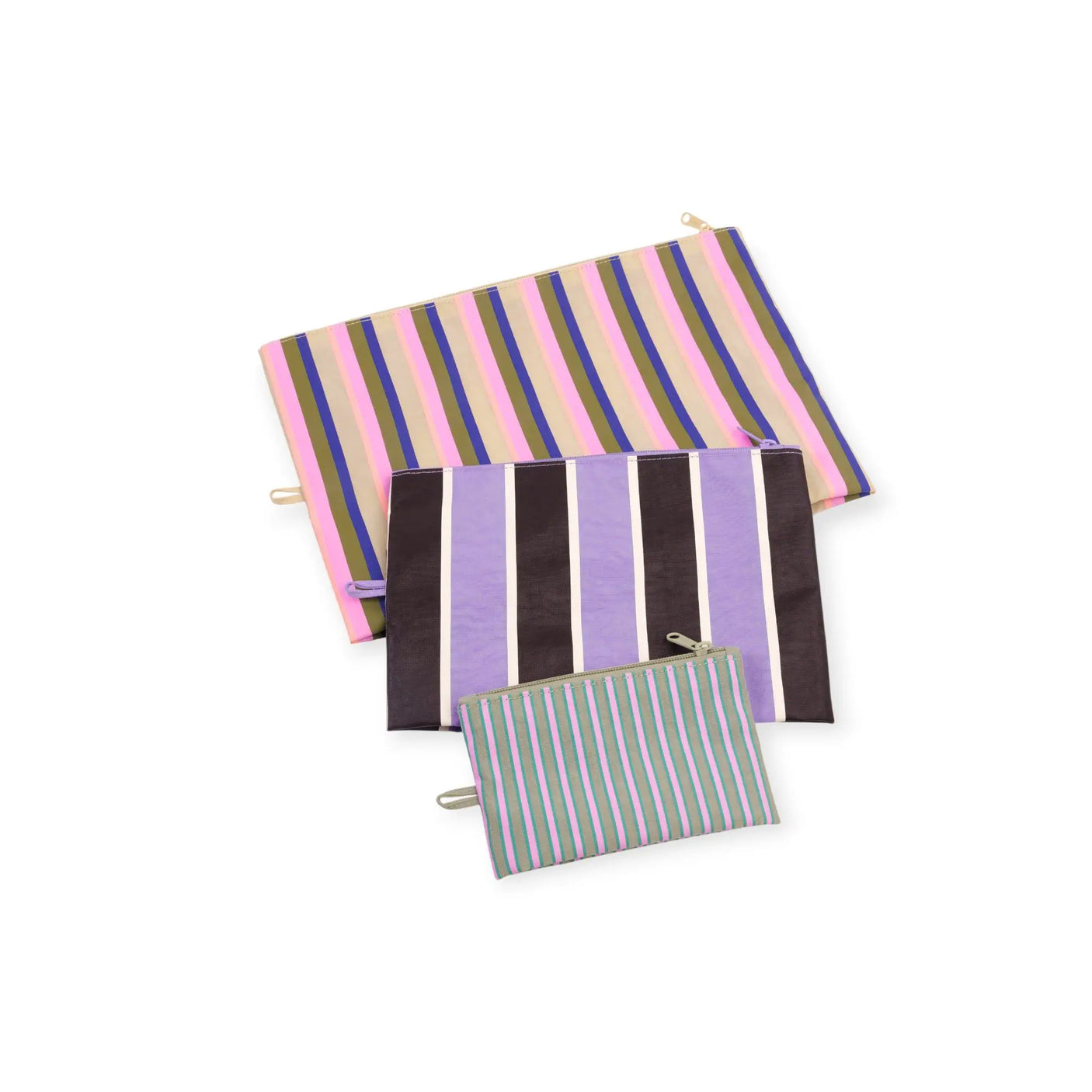 Stacked striped zip pouches set in pastel pink, purple, and black stripes.
