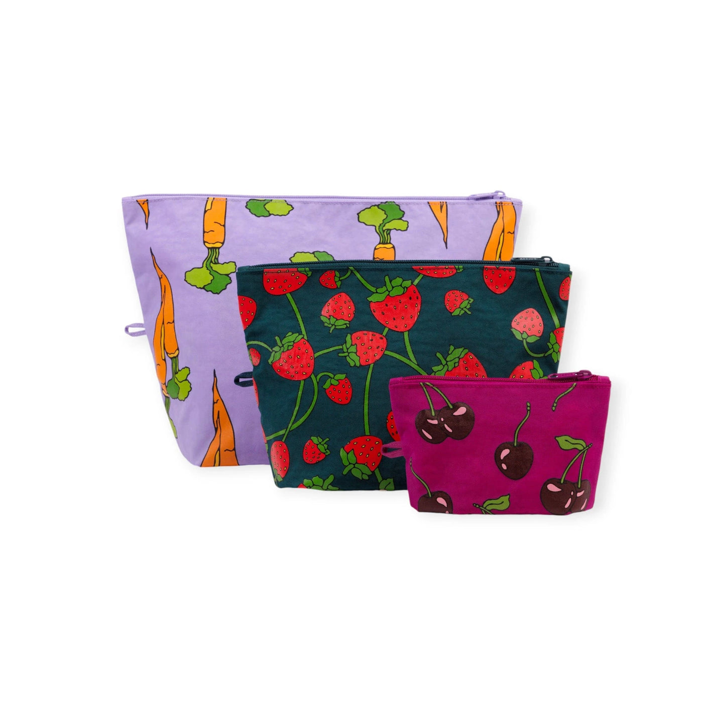 Baggu Go pouch set of 3 fabric zip pouches with carrots, berries, and cherry prints.