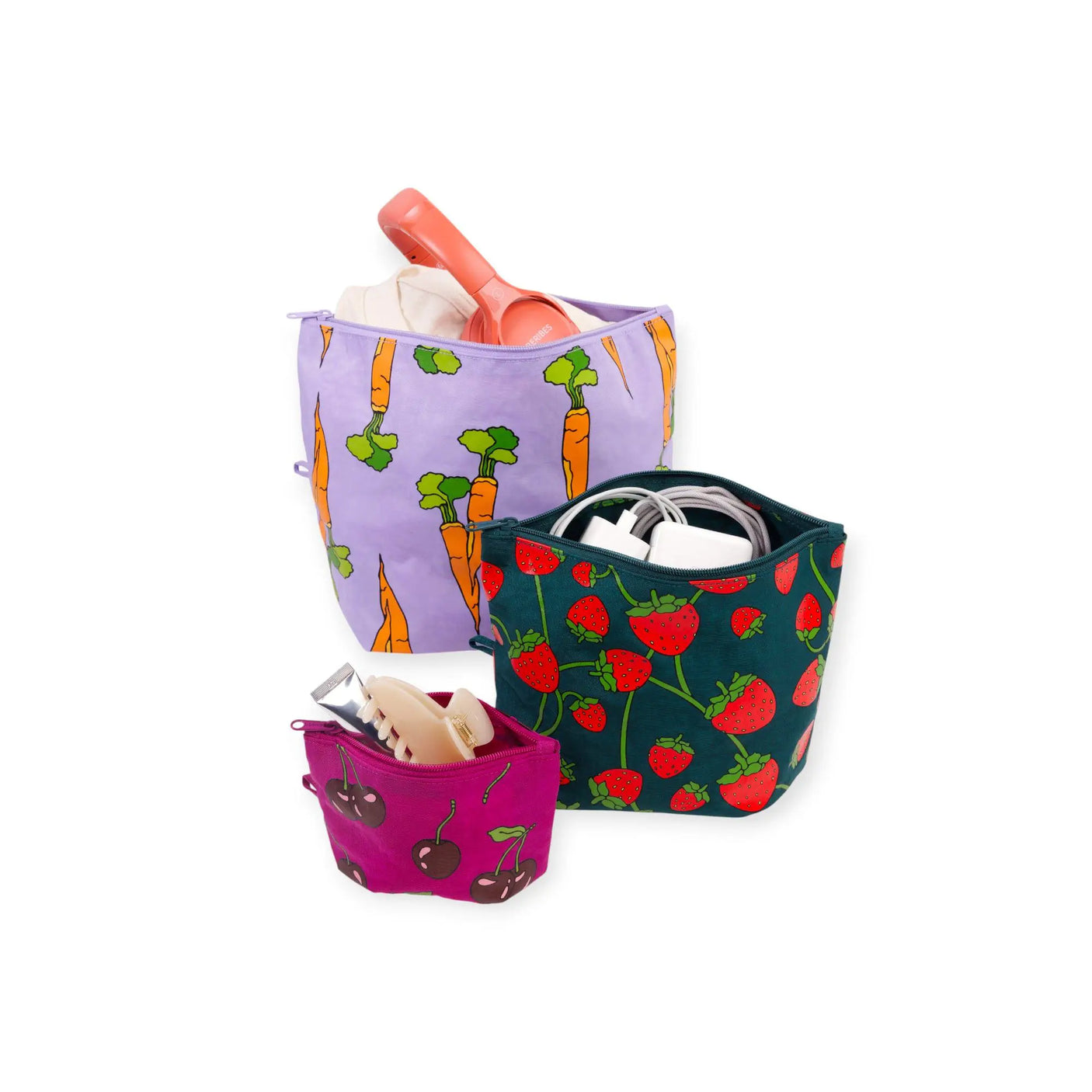 Baggu Go pouch set of 3 fabric pouches with carrots, berries, and cherry prints.