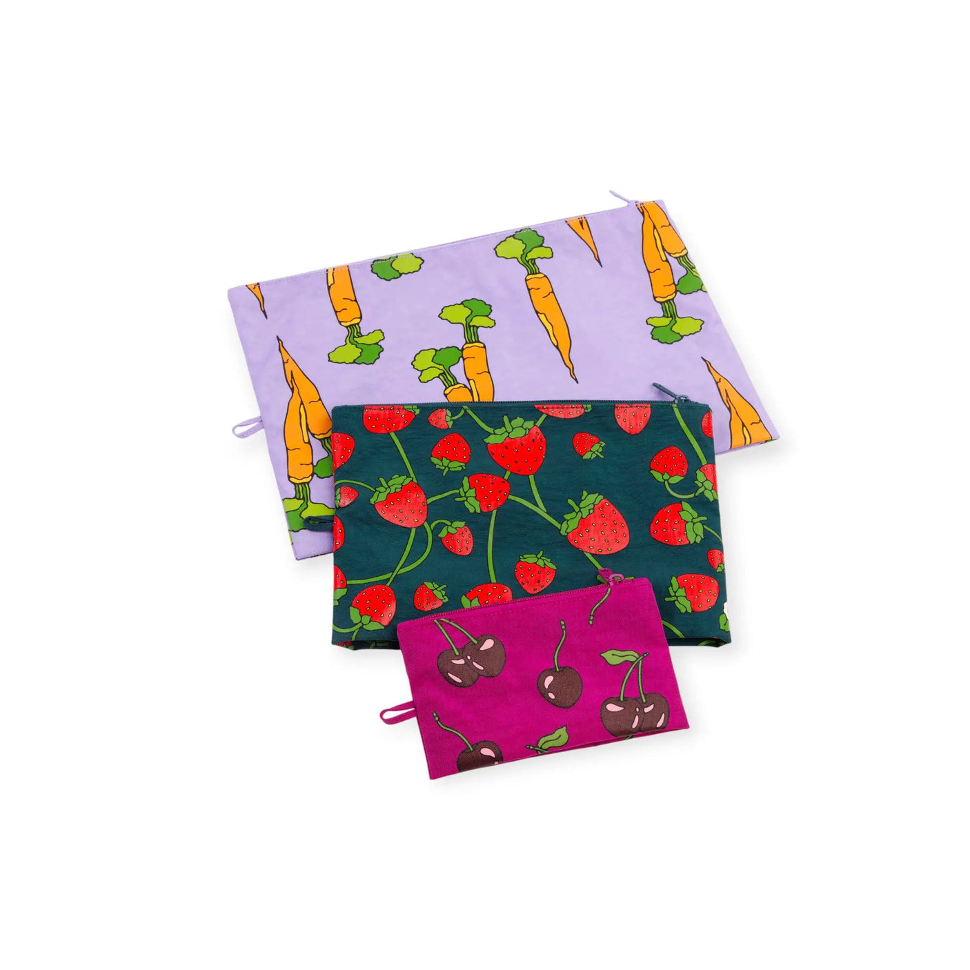 Baggu Go pouch set of 3 zip pouches stacked, with carrots, berries, and cherries prints.