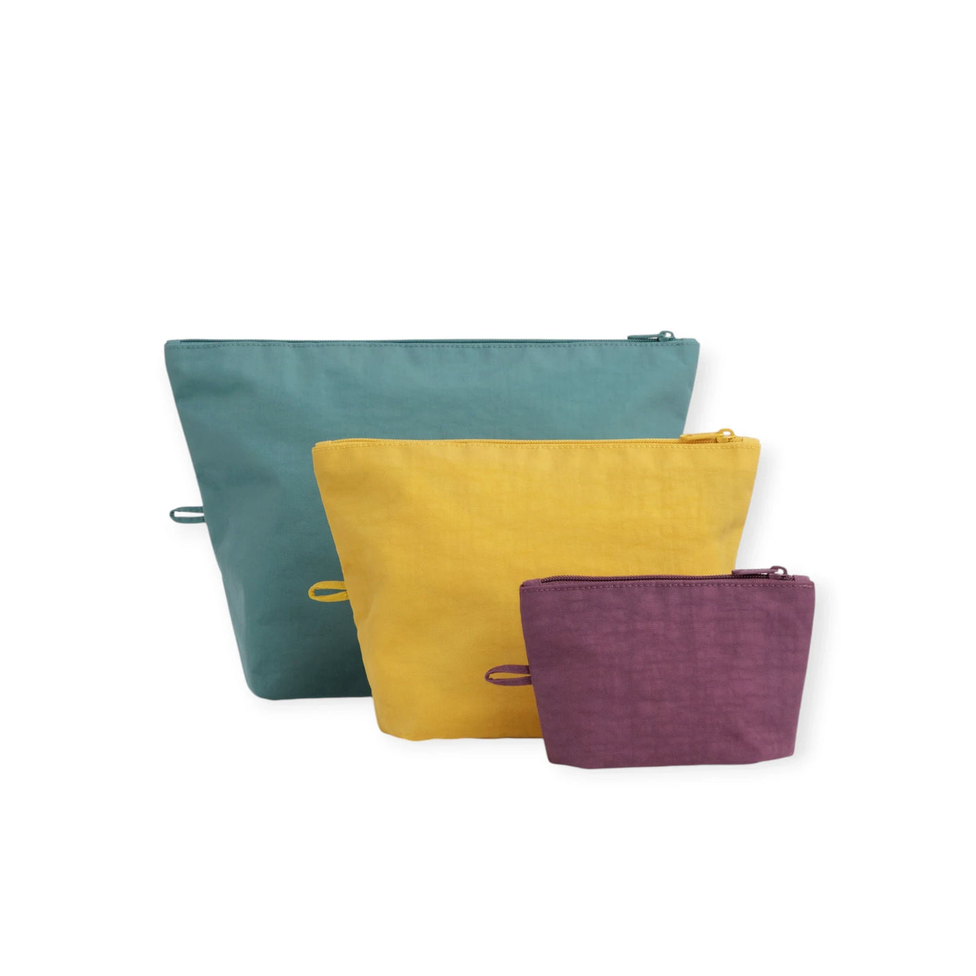 Three canvas zipper pouches: teal, yellow, and plum, nested together.