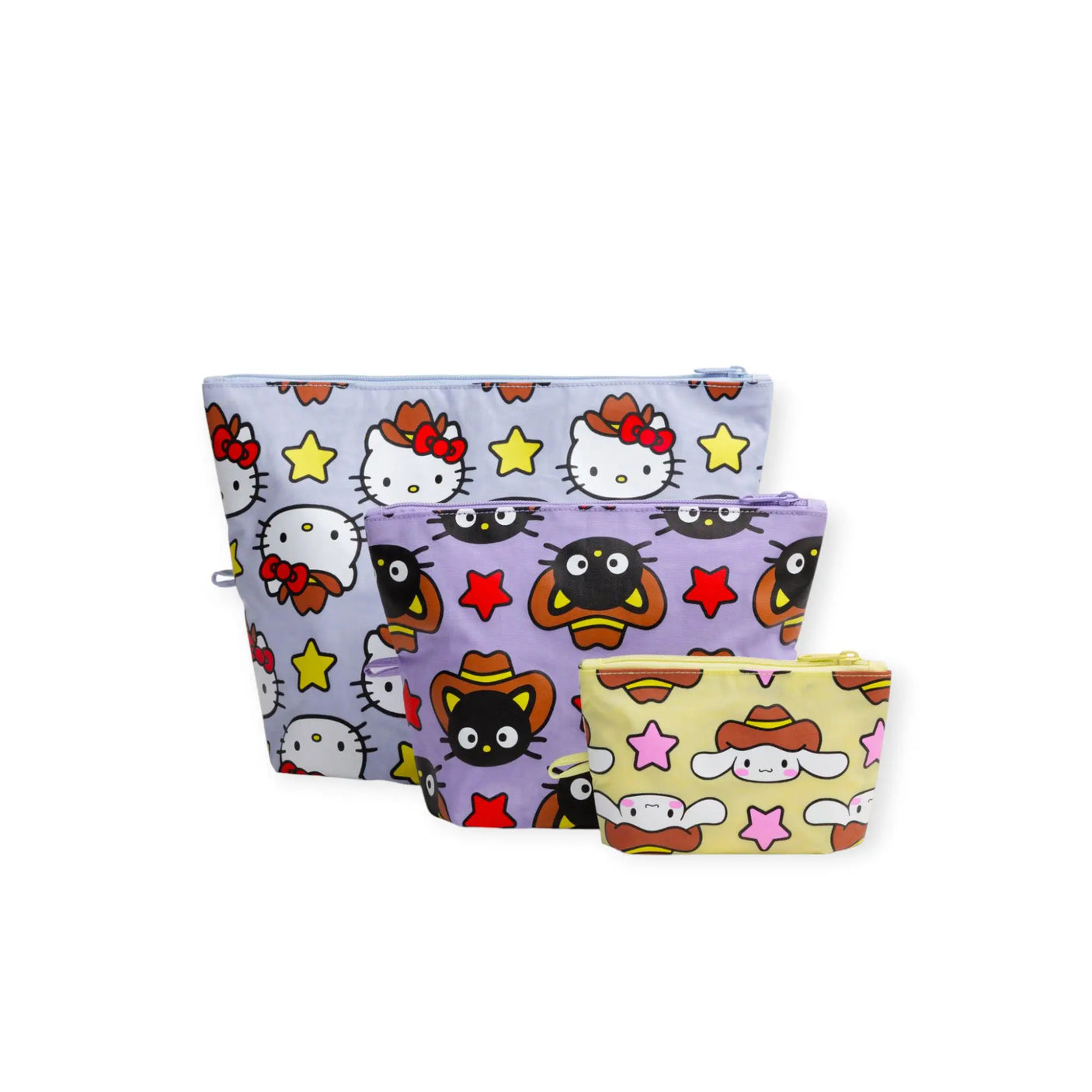 Three zip pouches with Hello Kitty Western characters, bows and stars print
