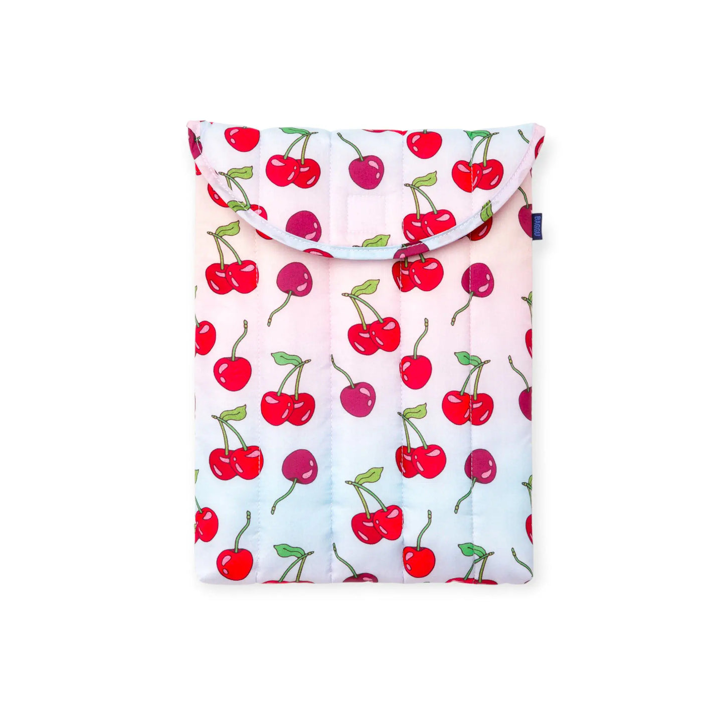 Puffy laptop case with pink cherry pattern, flap top and rounded pouch shape.