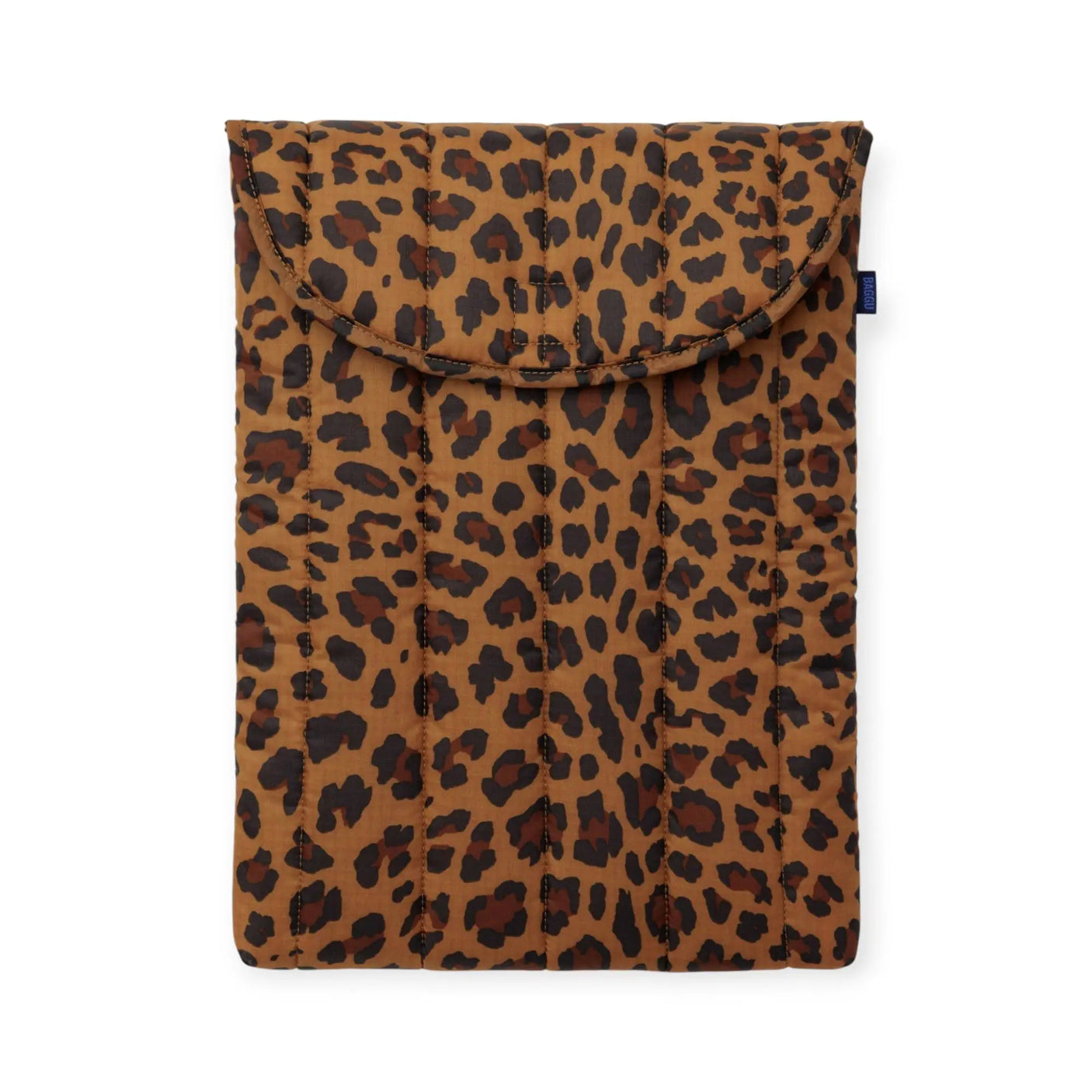 Puffy leopard-print laptop case with front flap and black strap closure