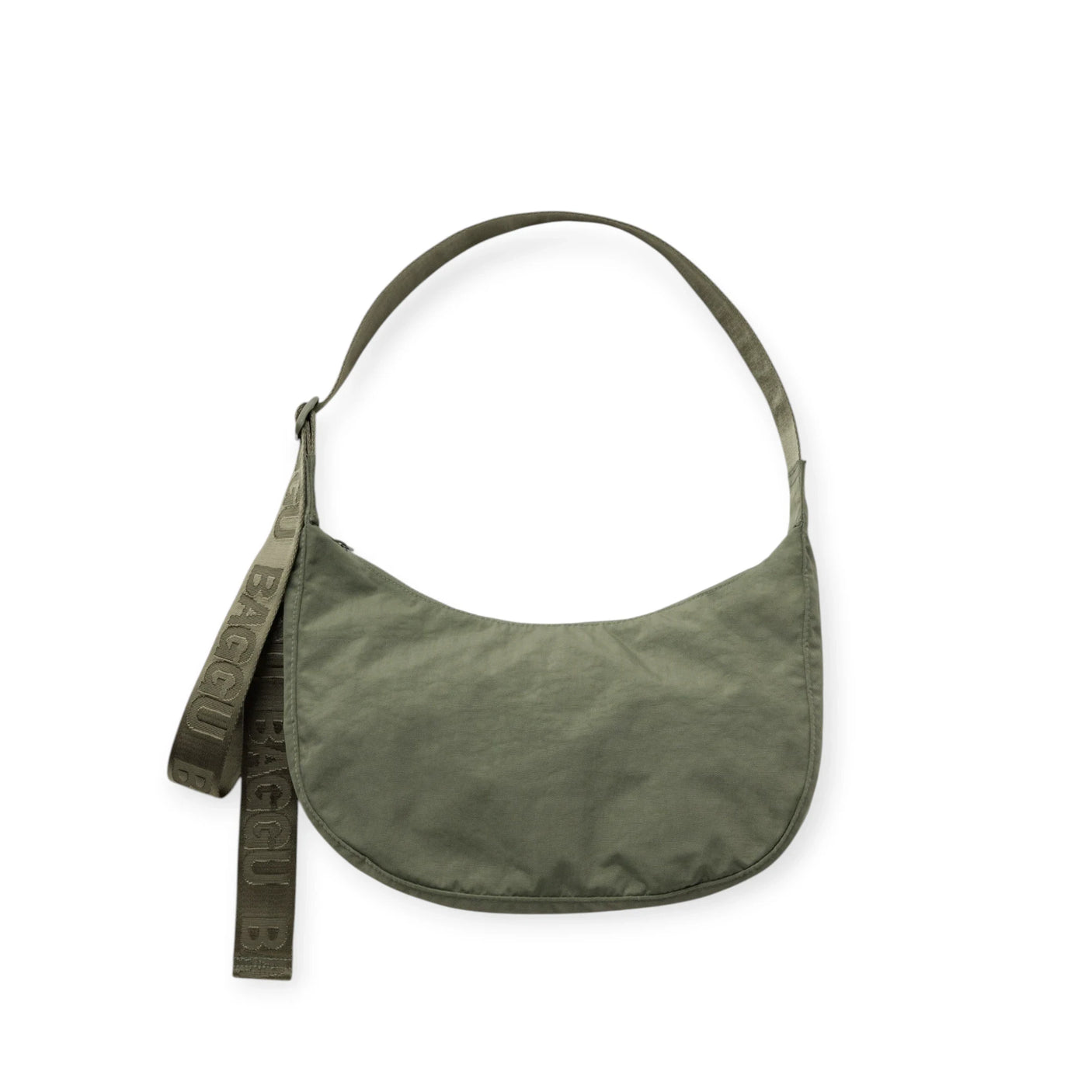 Medium crescent nylon bag in green with curved open top and adjustable shoulder strap