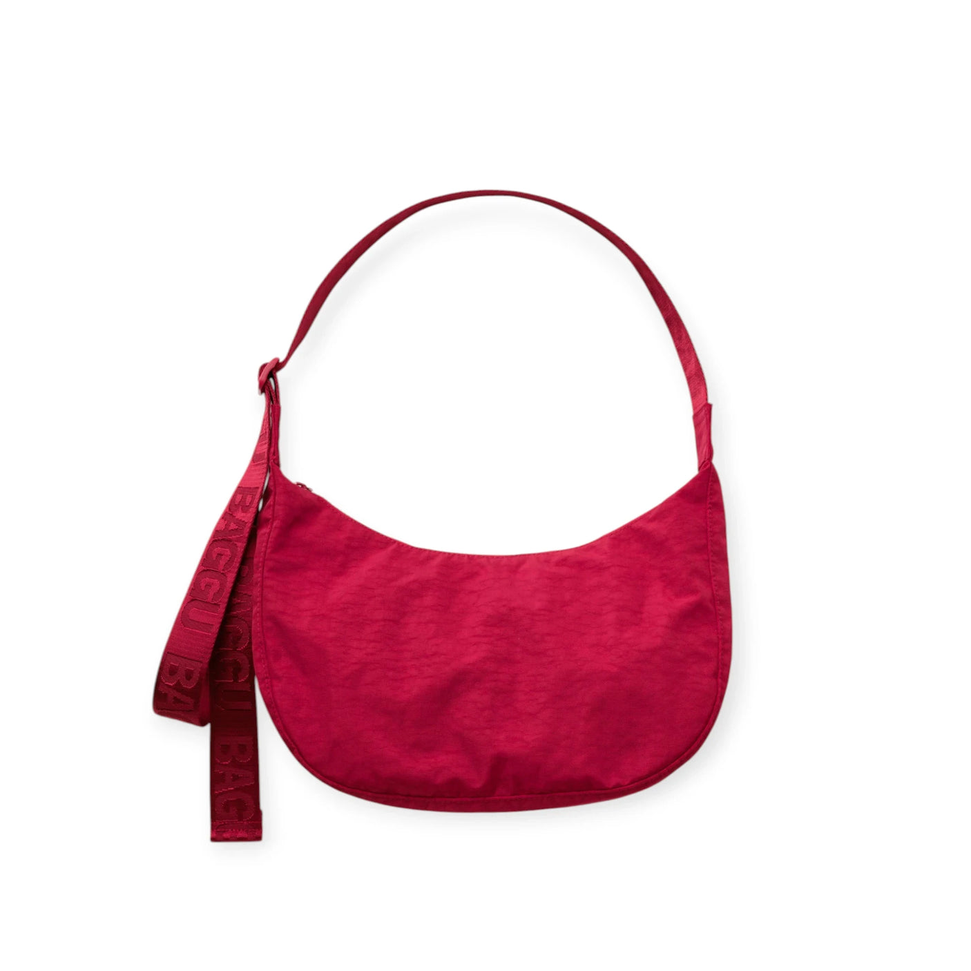 Cherry red nylon crescent bag with top handle and front hanging tag loop