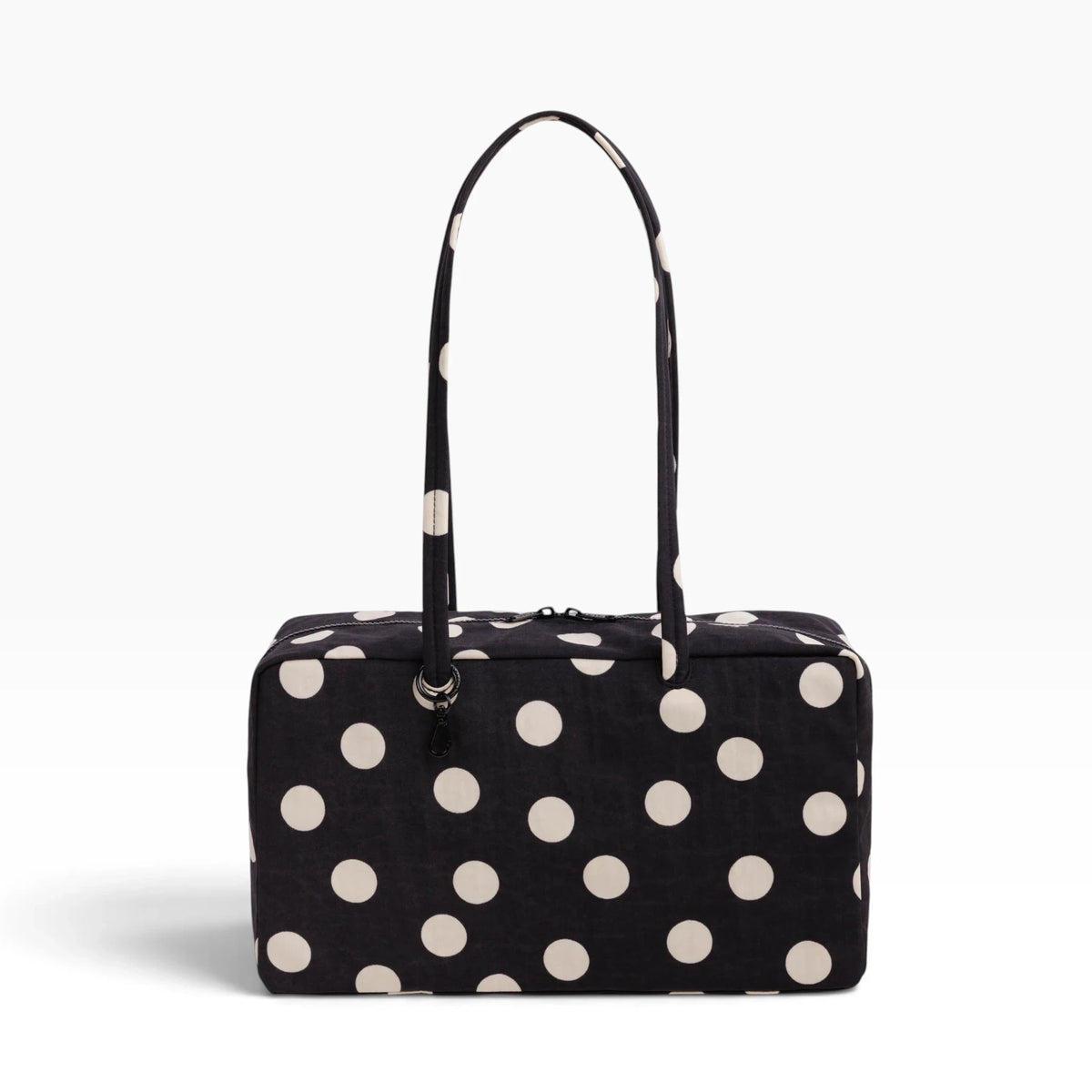 Medium nylon bowler bag in black with cream polka dots, top zipper and handles
