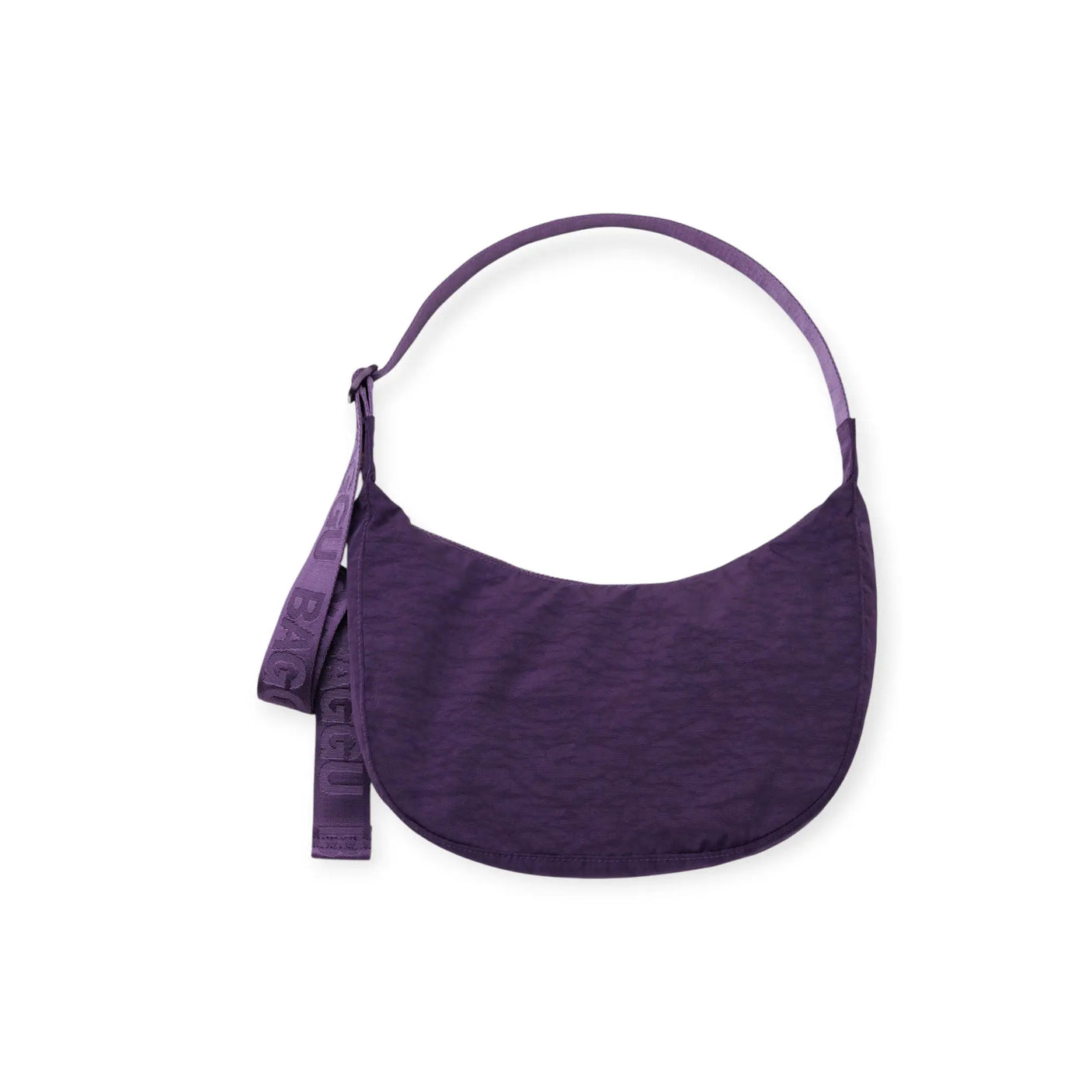 Medium crescent nylon shoulder bag in dark purple with curved top strap