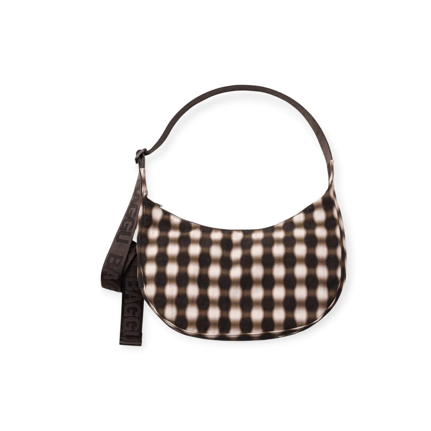 Medium crescent nylon bag with blurred black-and-cream gingham, top handle and strap