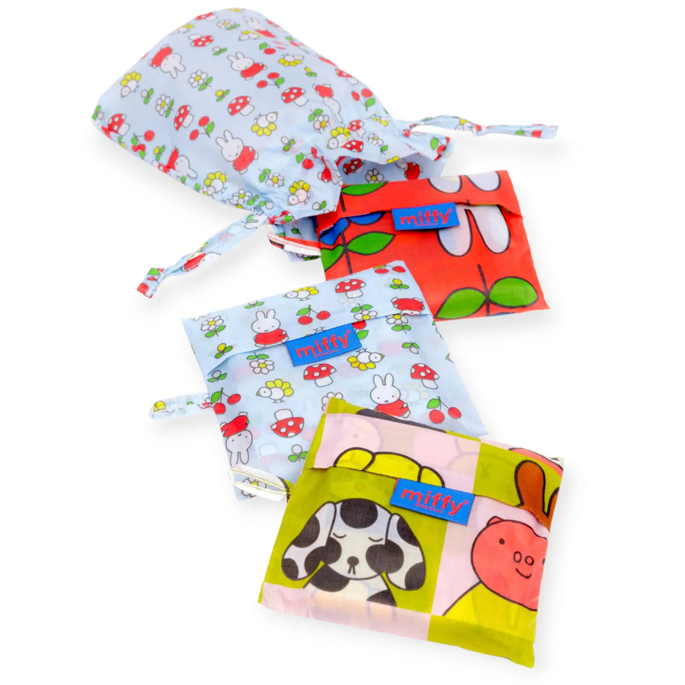 Set of three small pouch bags with 'miffy' text and colorful animal prints