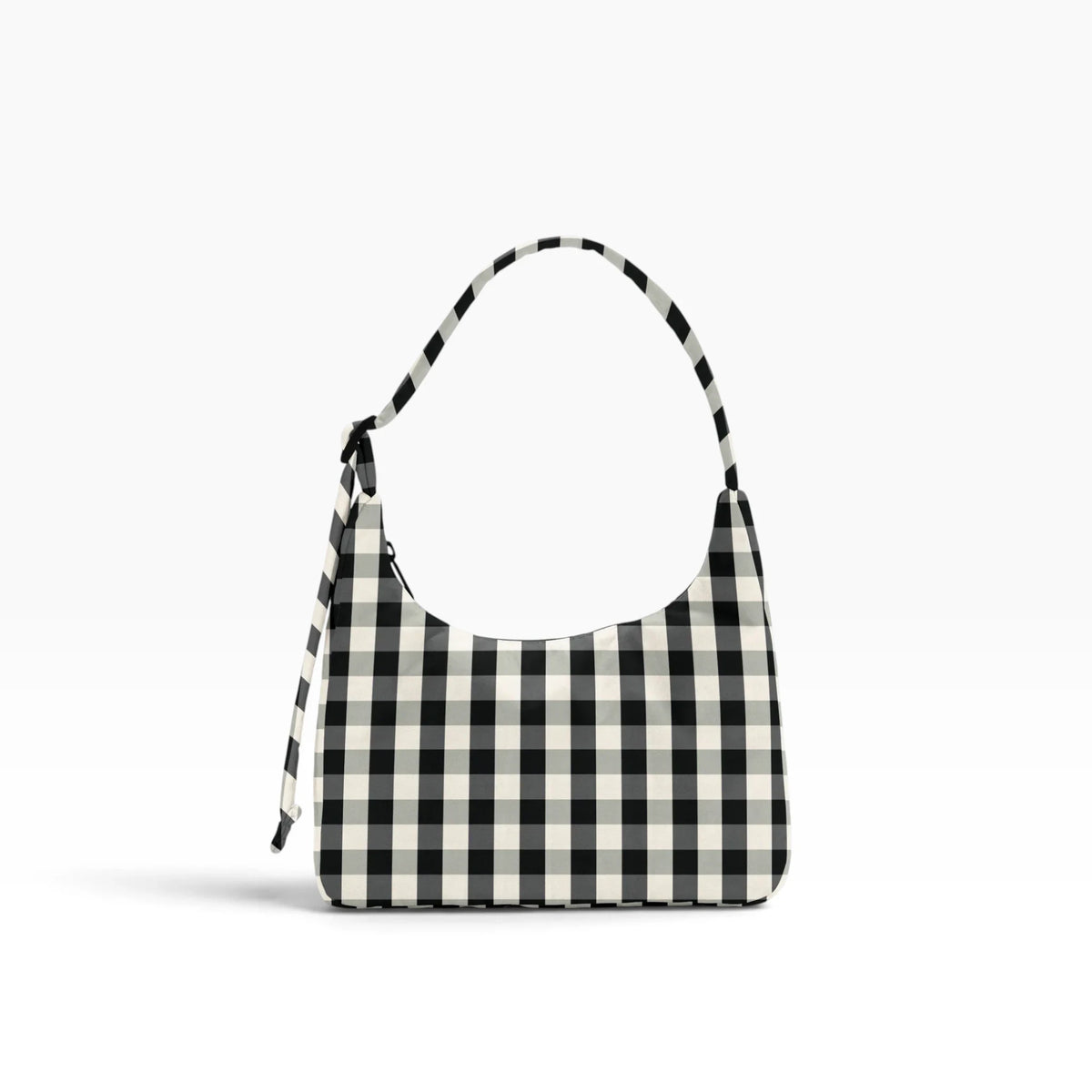 Mini gingham nylon shoulder bag in black and cream, with top handle and strap