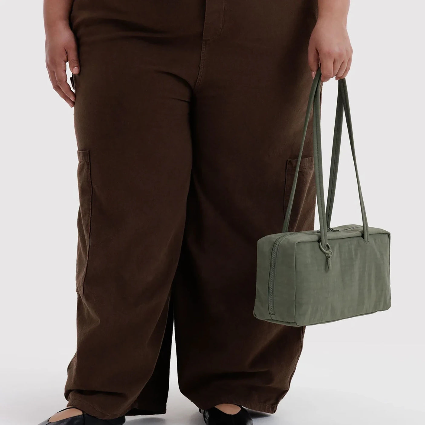Baggu nylon bowler bag in olive green, zip top with short handles