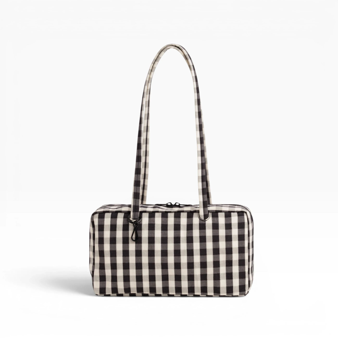 Black and cream gingham bowler bag with tall top handles and zip closure
