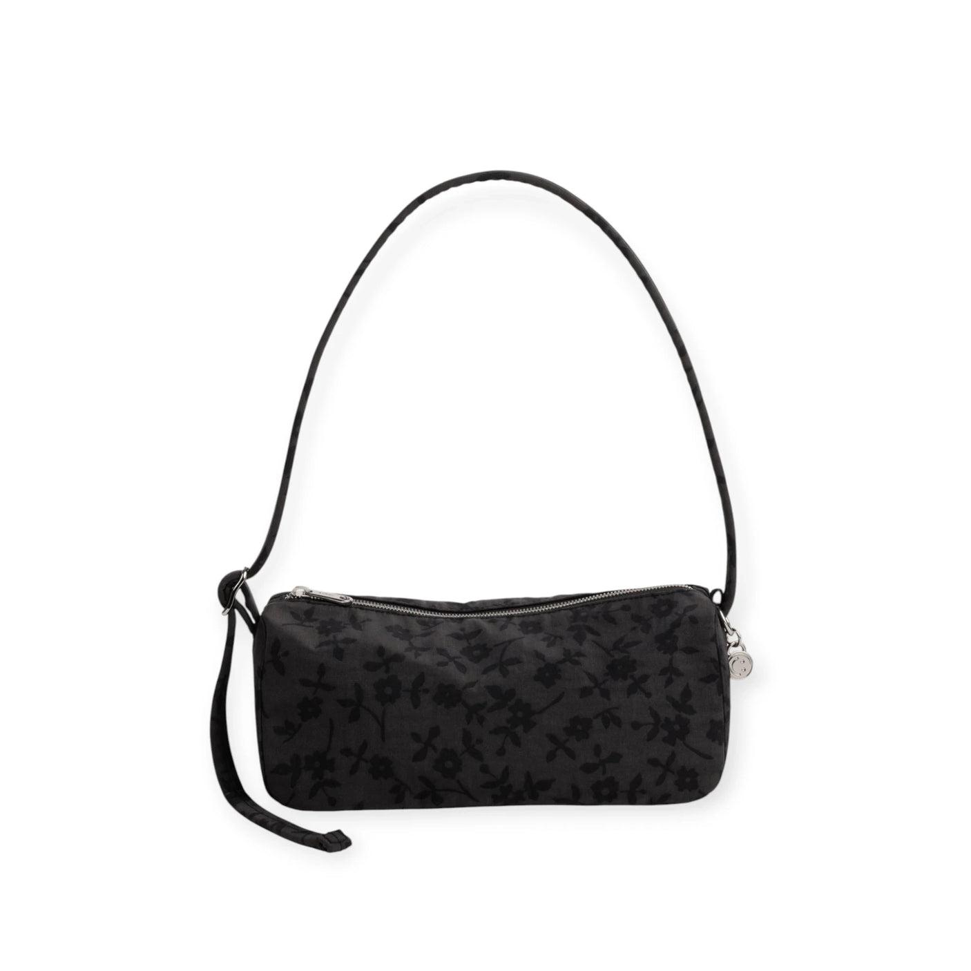 Charcoal nylon loaf bag with short handle, dark floral vine print, top zipper