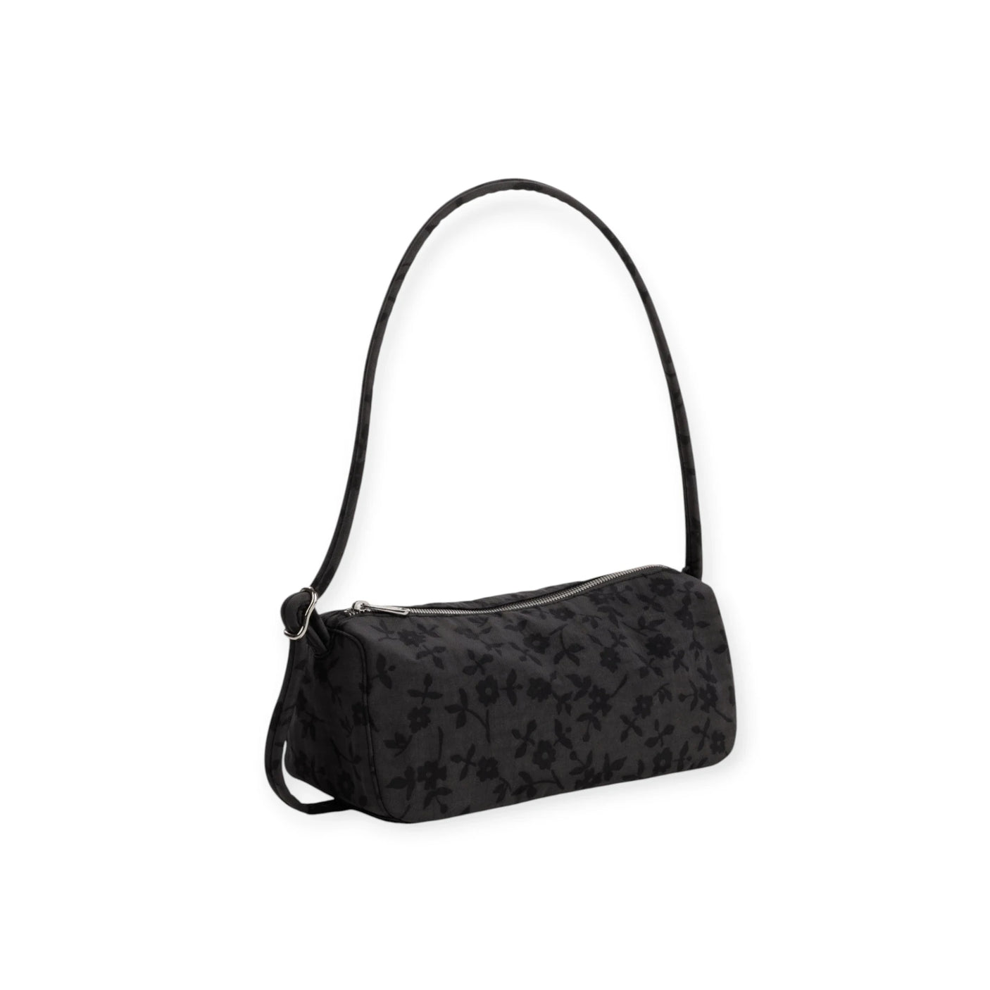 Charcoal nylon loaf bag with shoulder strap, dark ditsy floral print, zipper top