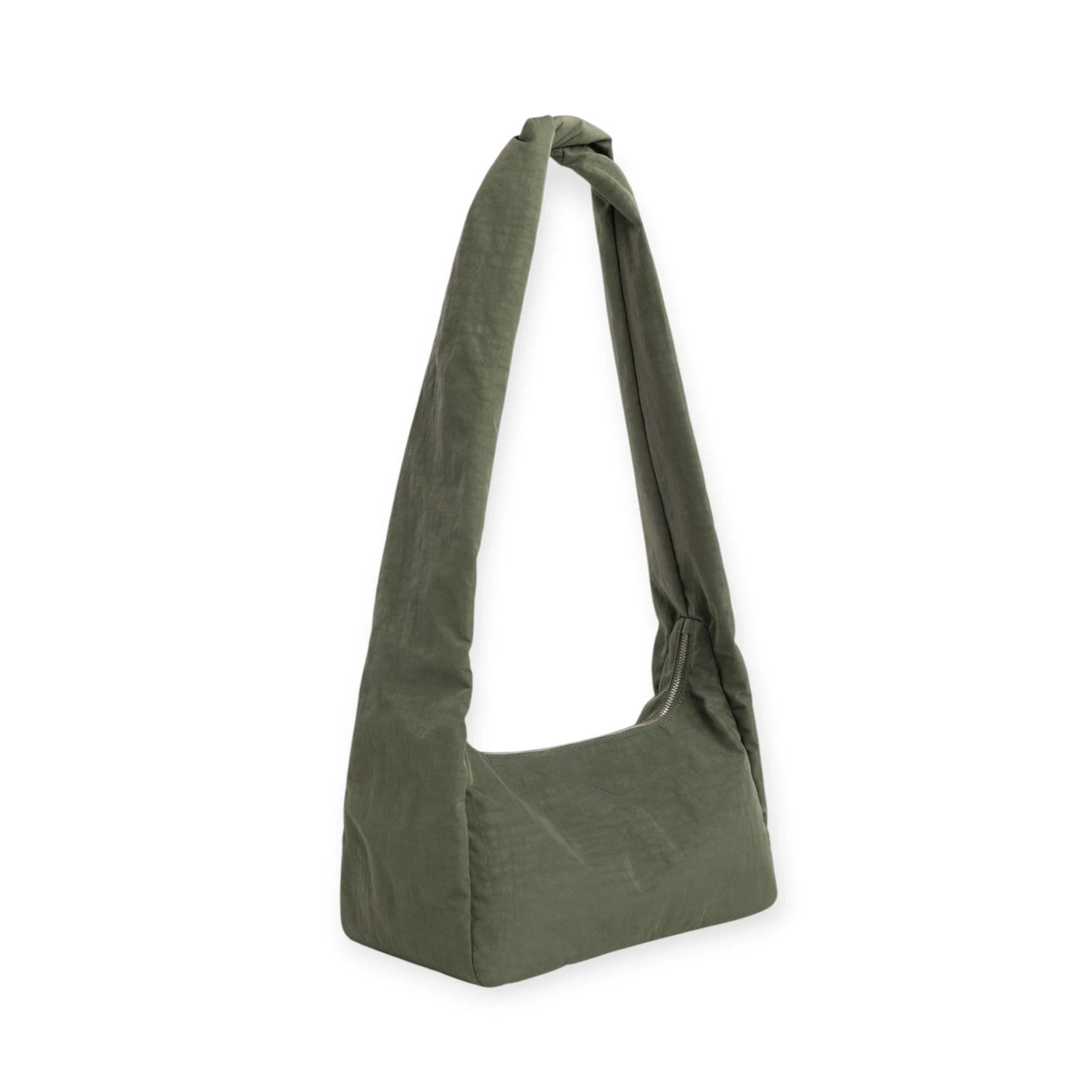 Olive green nylon hobo bag with short top handles and relaxed slouch shape