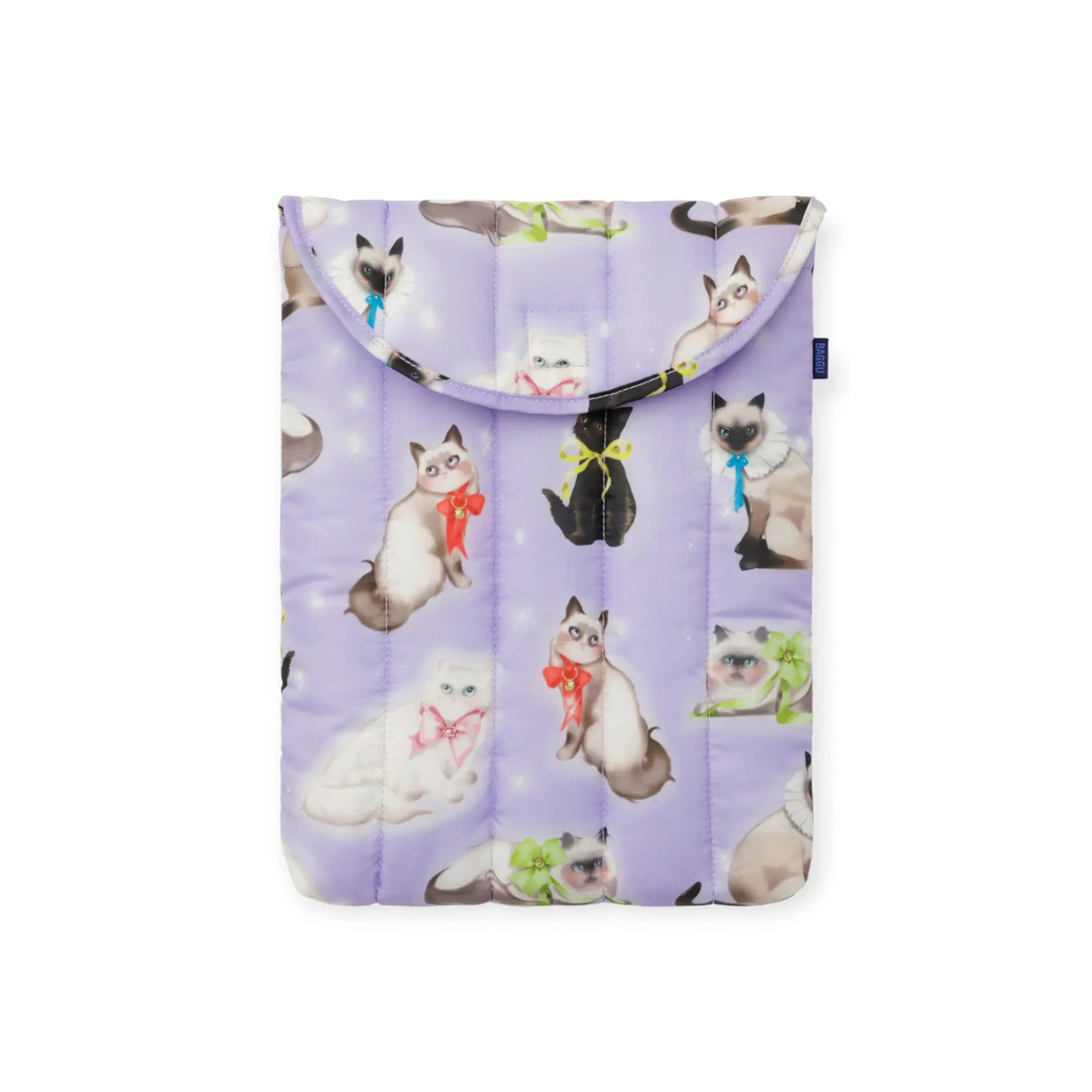 Purple puffy laptop case with colorful cat faces allover pattern