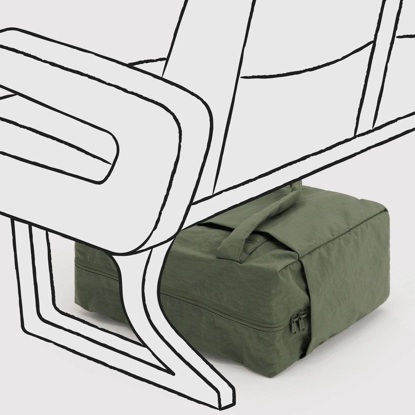Olive green cloud carry-on tote bag folded with carry straps and zip closure
