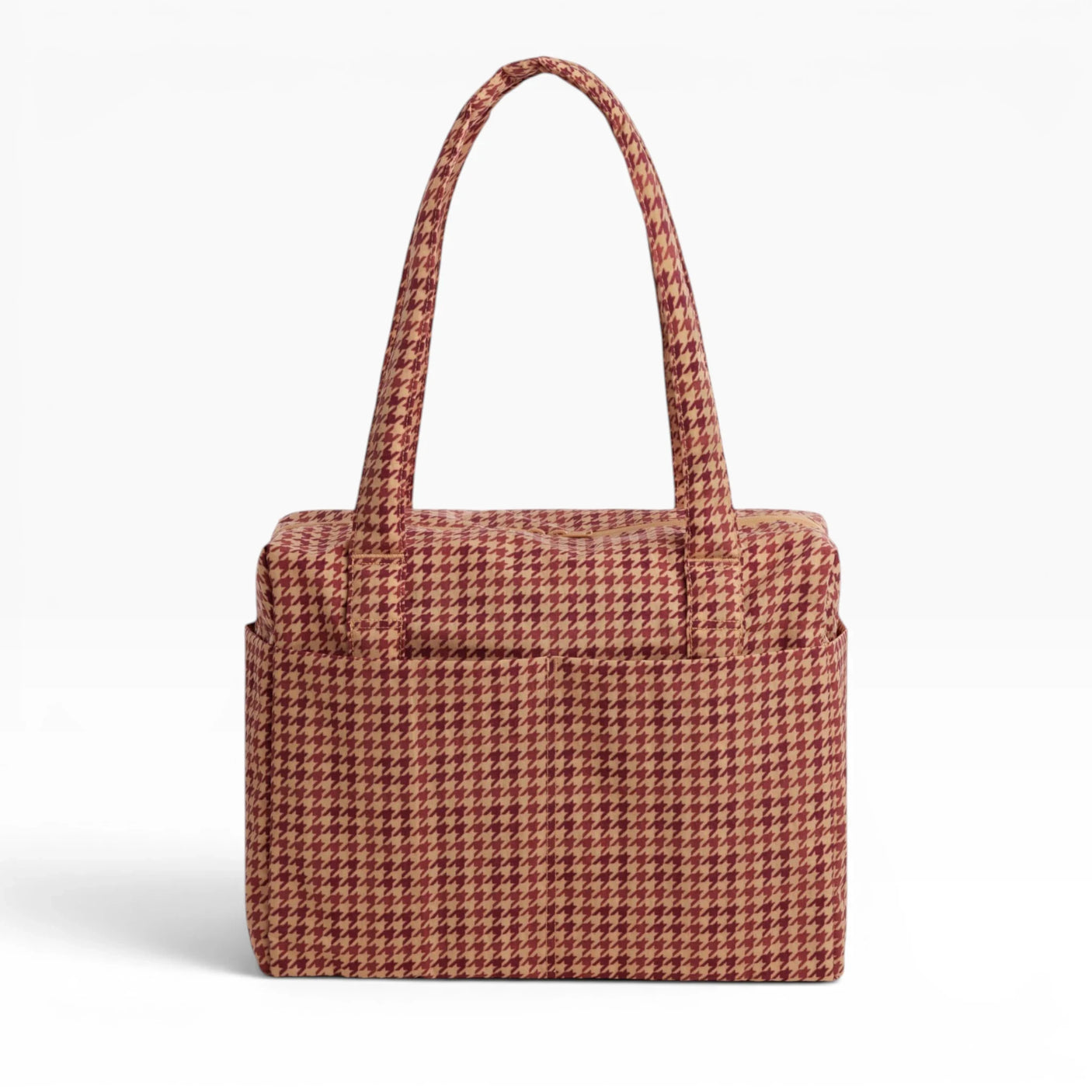 Houndstooth carry-on bag with top handles, tan and dark red pattern