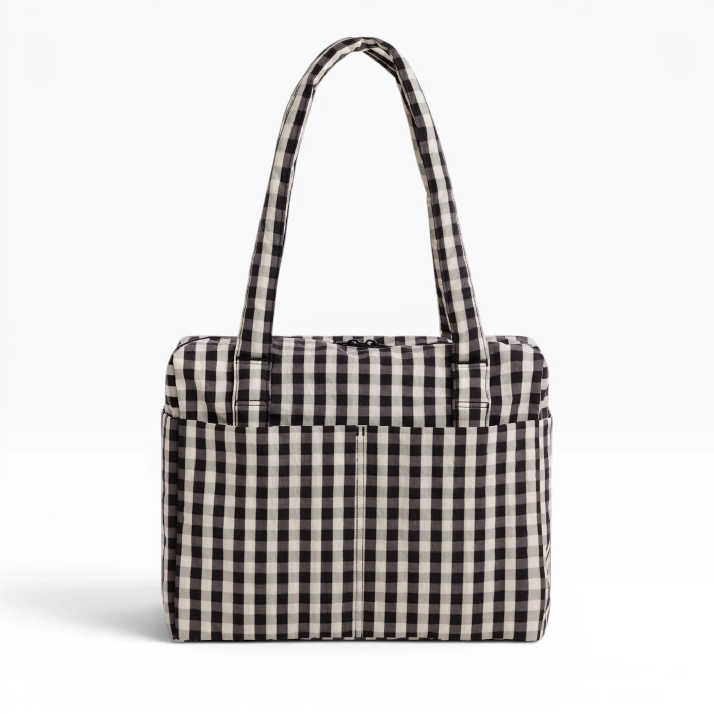 Baggu small carry-on tote bag in black-and-cream gingham, top handles